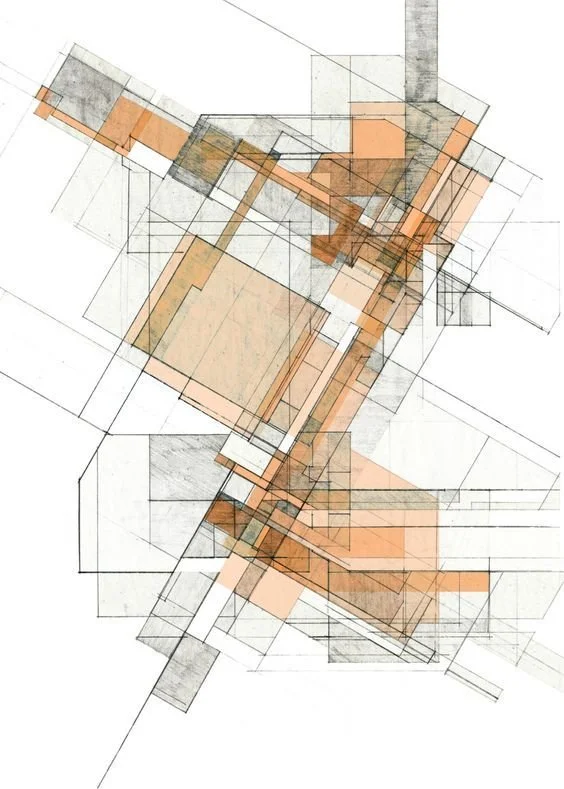 Abstract architectural drawing with overlapping transparent rectangles and lines in shades of orange, gray, and black.