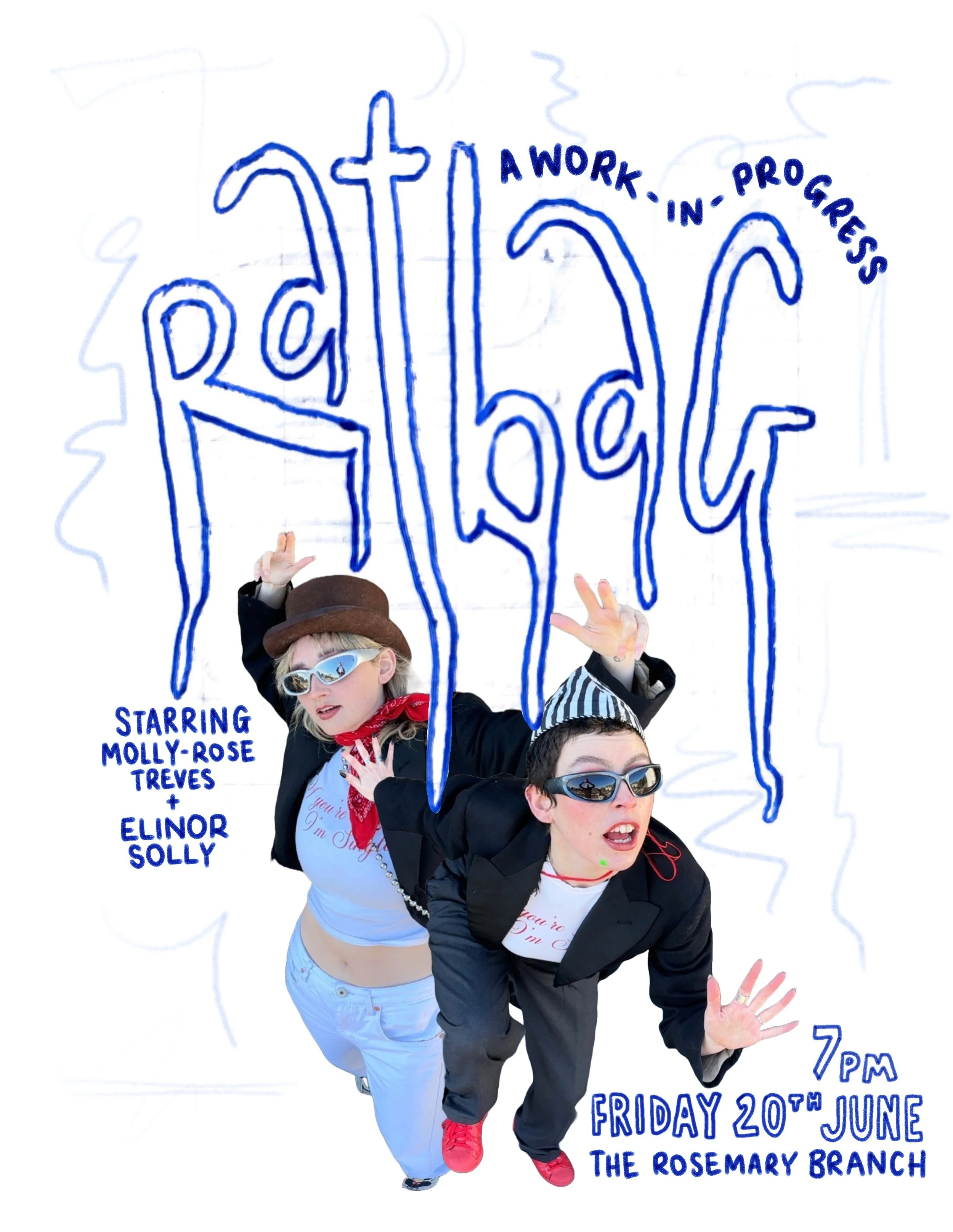 Colorful event poster featuring two young adults in stylish clothing, sunglasses, and accessories, posing dynamically in front of handwritten-style text promoting a performance called 'Rabbit,' starring Molly-Rose Treves and Elinor Solly, scheduled f