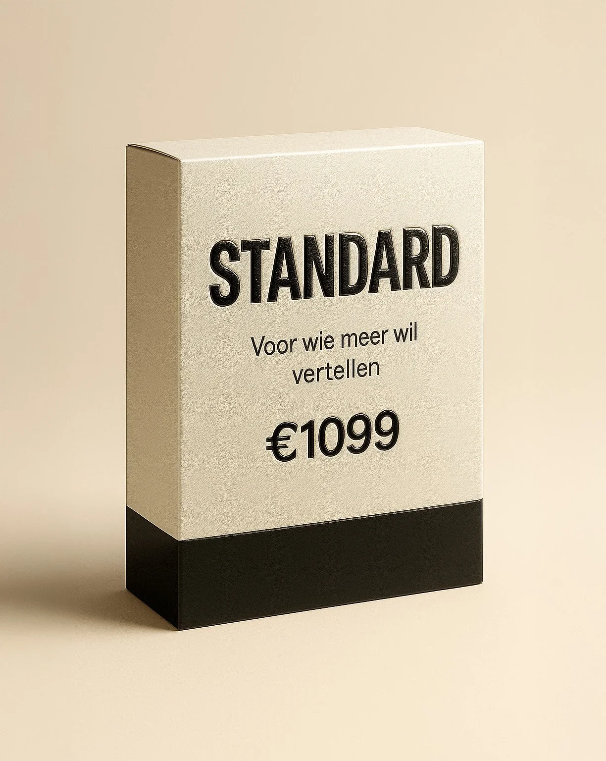 A white and black retail price tag displaying 'STANDARD' in large letters, with a subtitle in Dutch, and a price of €10.99.