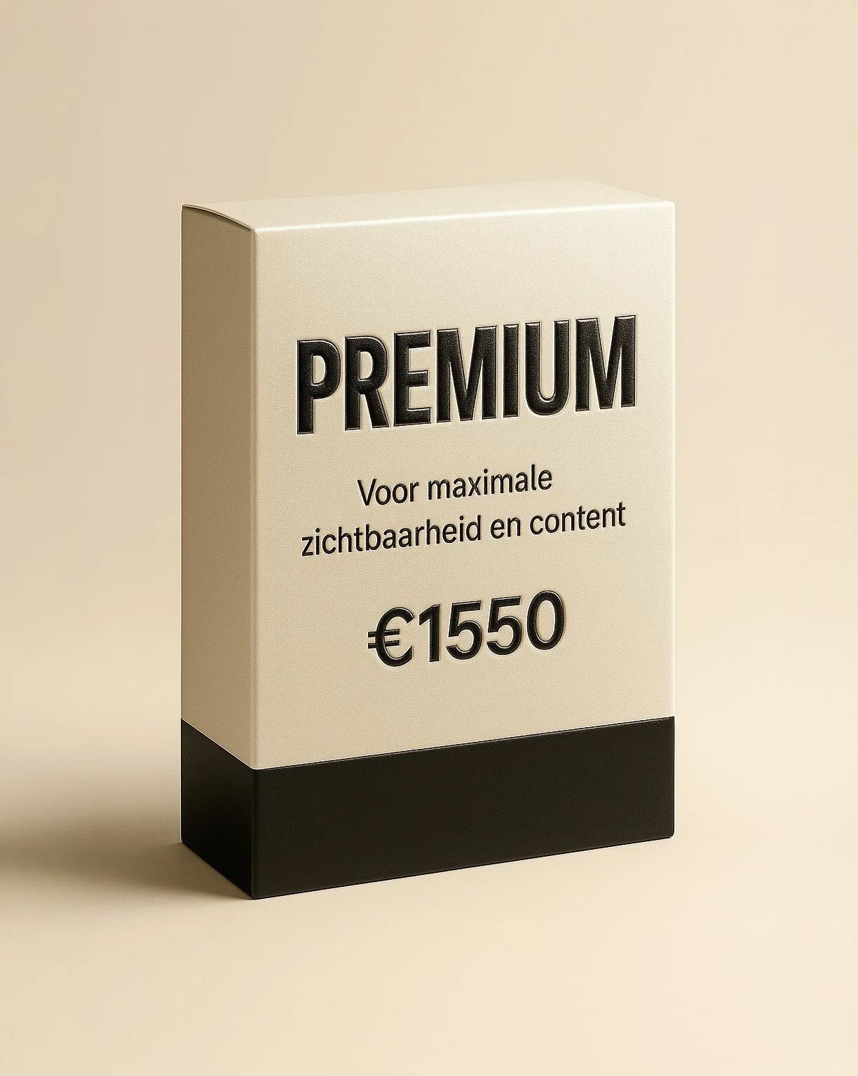 Product display sign showing 'PREMIUM' at €15.50, with smaller text in Dutch about maximum visibility and content.