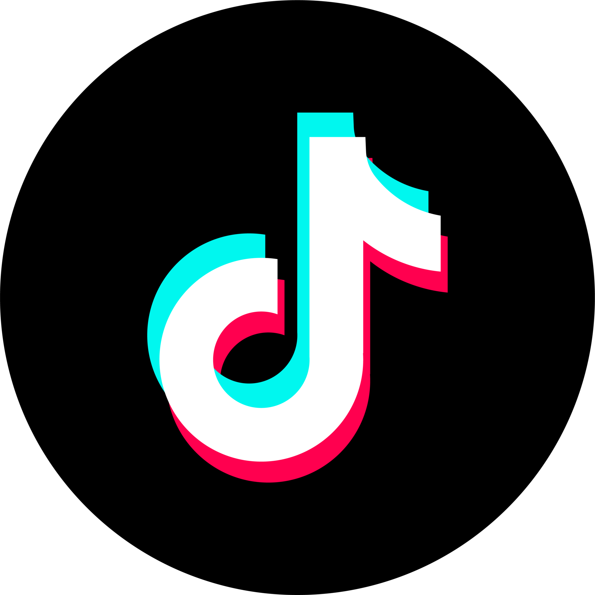 The TikTok logo displayed on a black background, featuring a stylized musical note in a gradient of cyan, white, and magenta.