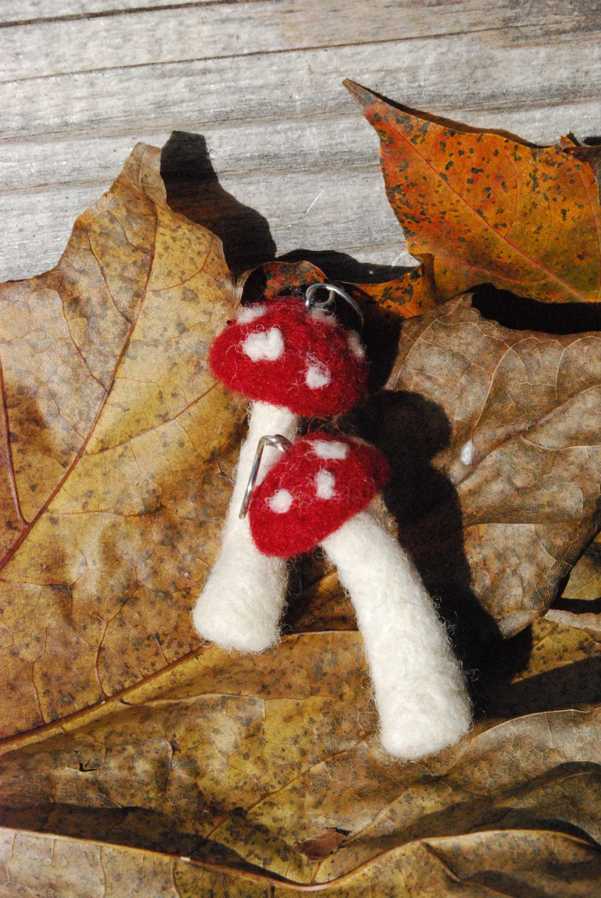 Long red mushroom earrings w spots