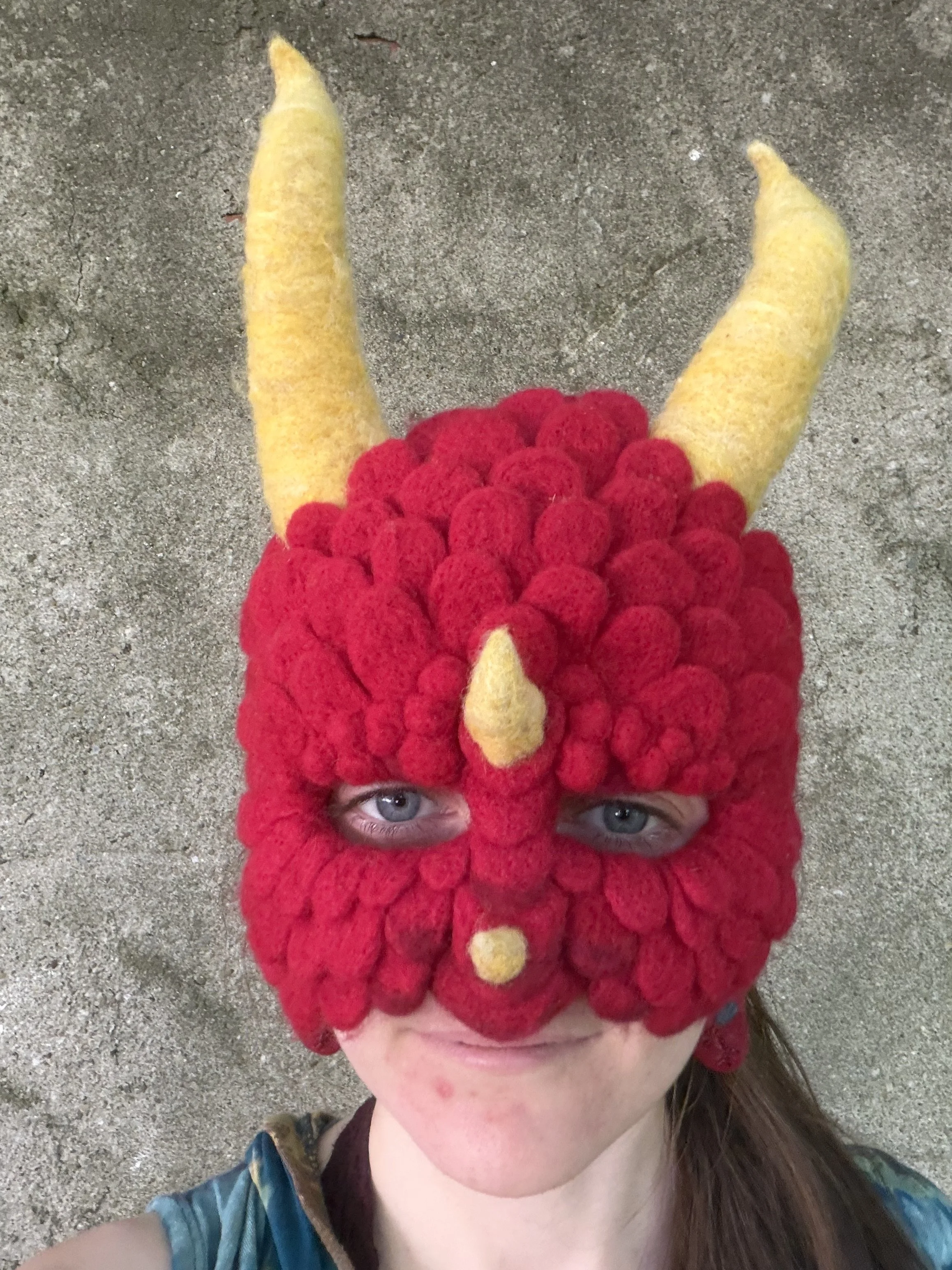Felted red dragon mask