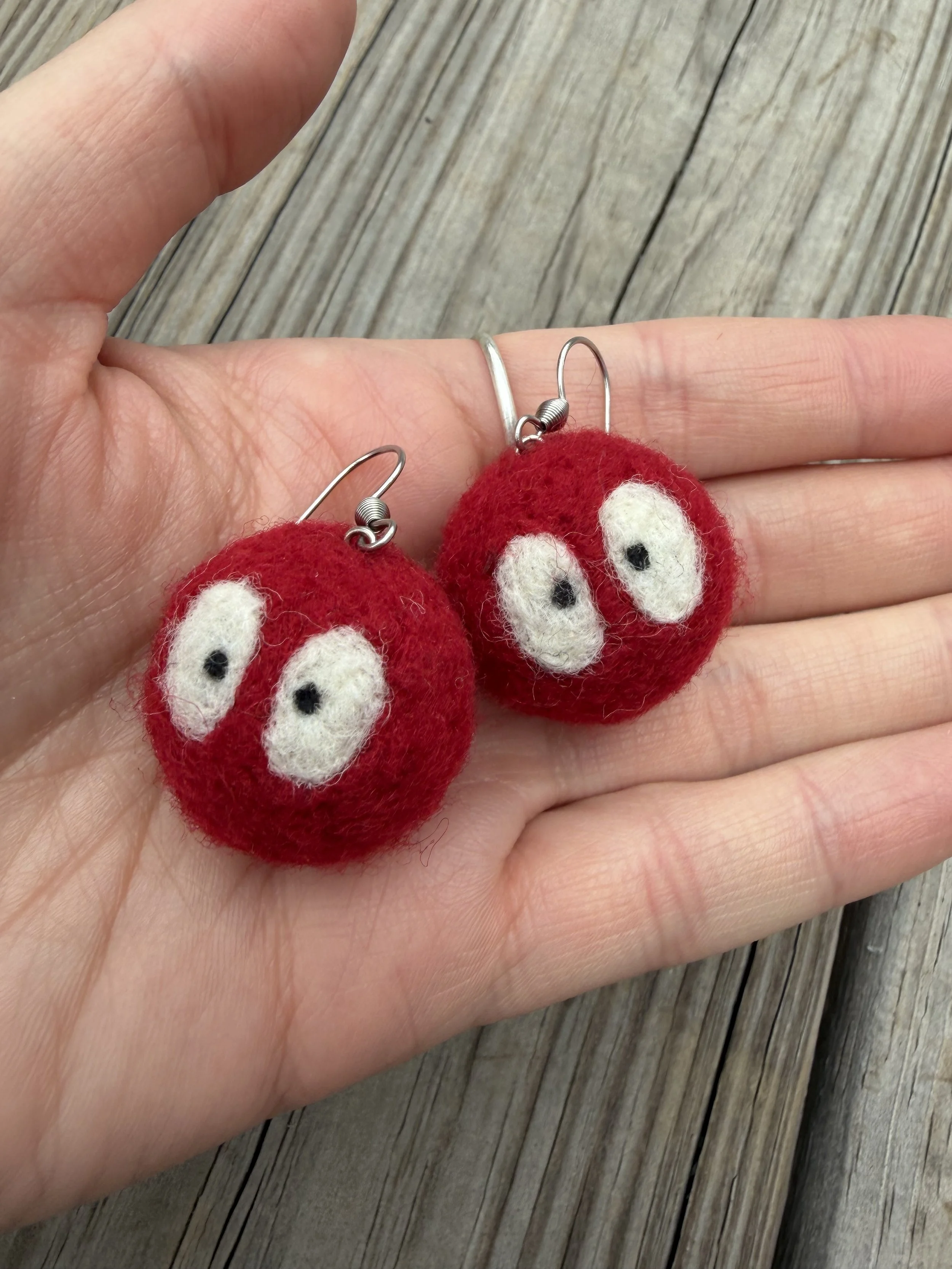 Needle felted red ball with eyes earrings