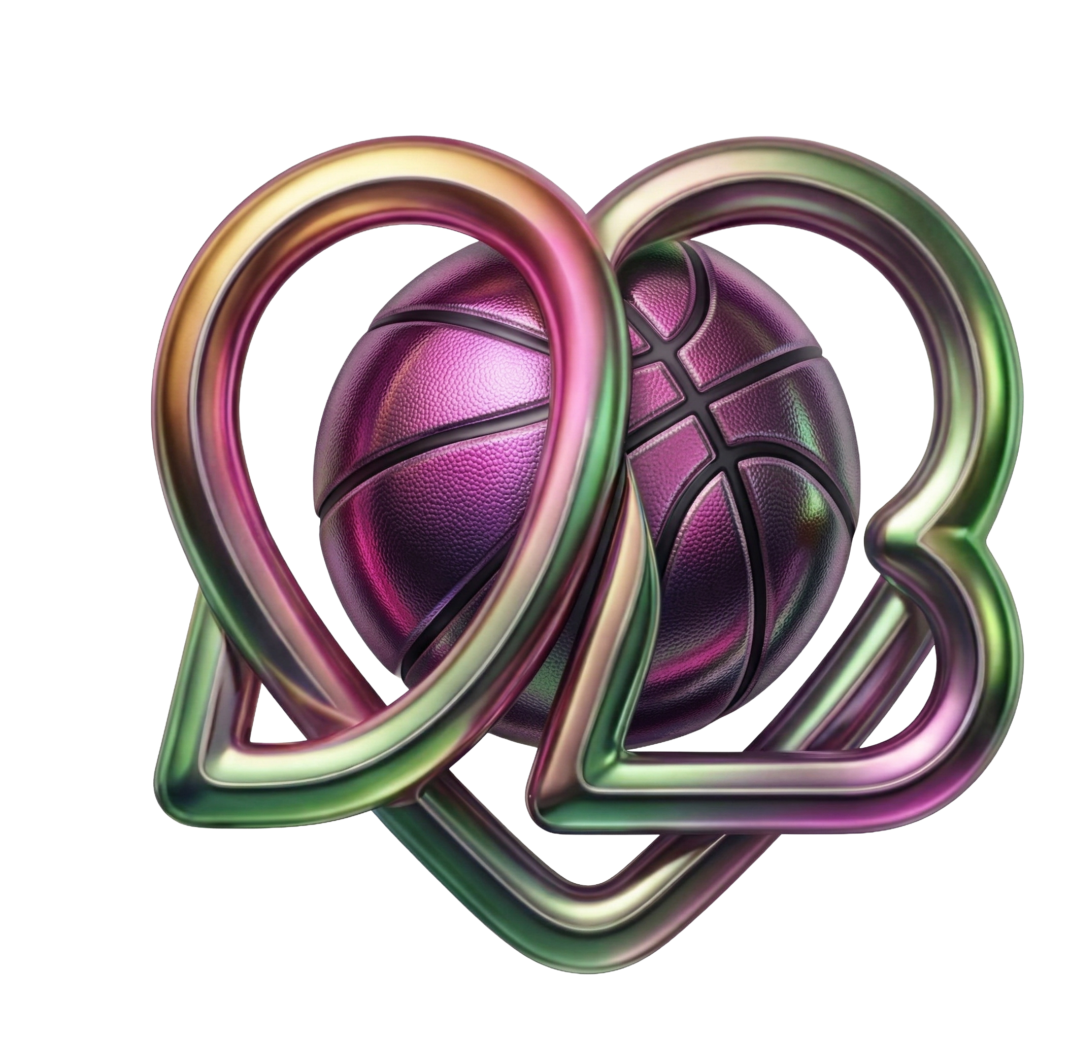 A heart-shaped outline in multicolored metallic finish surrounding a purple basketball with black lines.