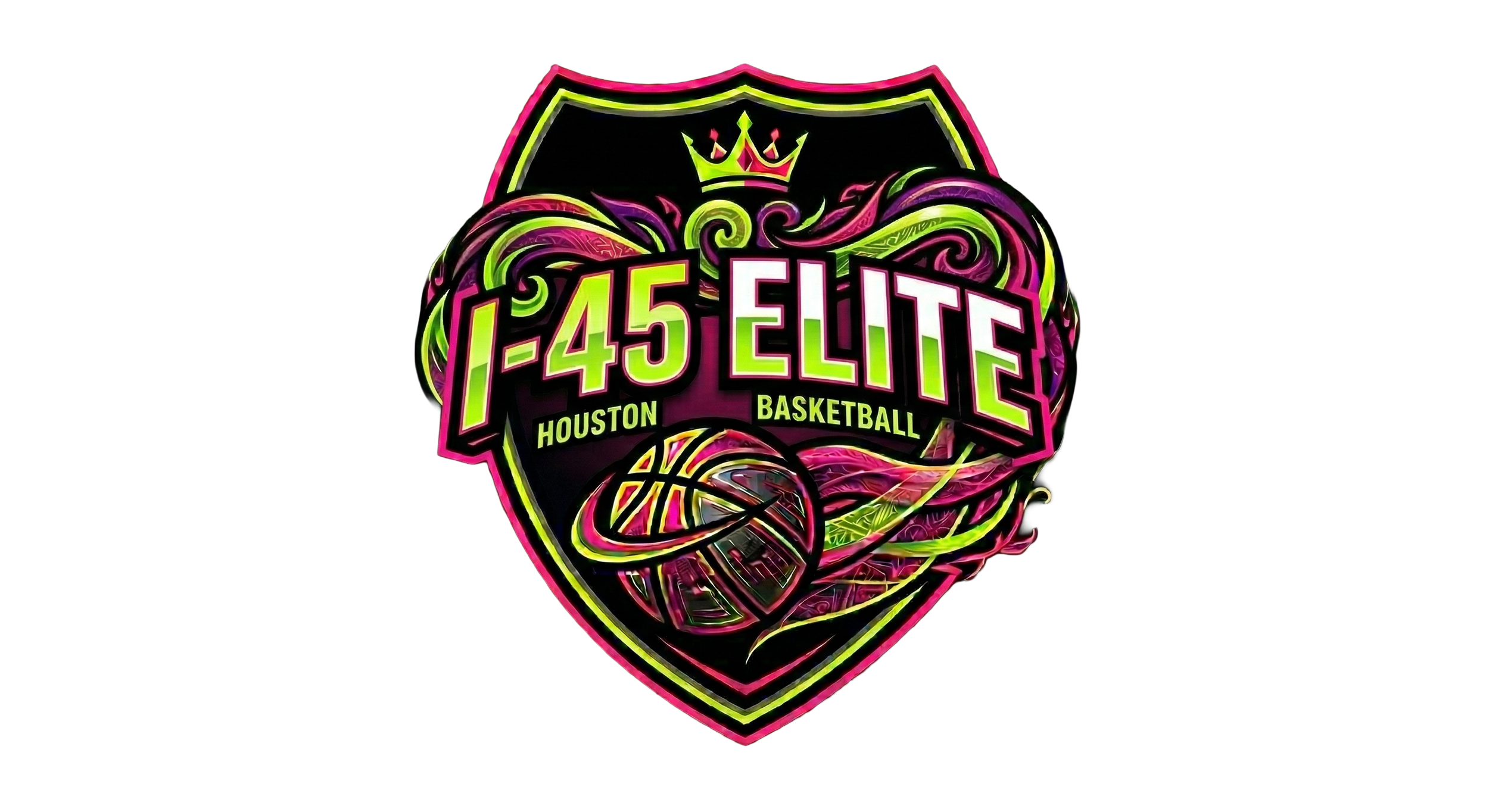Neon-style logo for 1-45 Elite Houston Basketball featuring a shield shape, a crown, a basketball, and vibrant colors