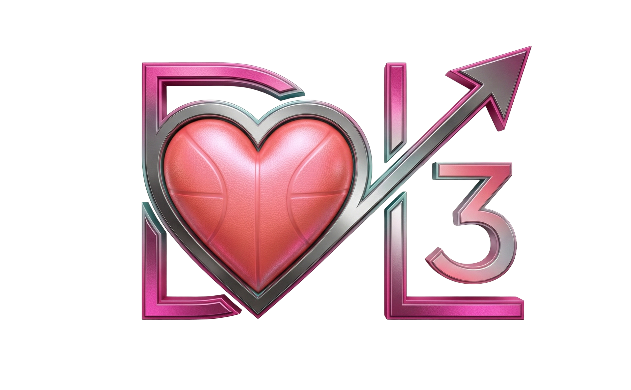 A logo with the text "LOVE 13". The letter "O" is represented by a red basketball with black lines, and the remaining letters and numbers are in a metallic pink and silver style with arrows pointing upward.