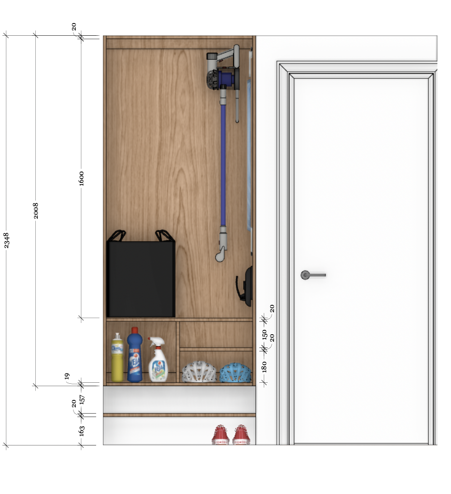 A layout of a closet or storage area with shelves containing cleaning supplies, helmets, and shoes, and a mounted vacuum or cleaning tool on the wall next to a door.