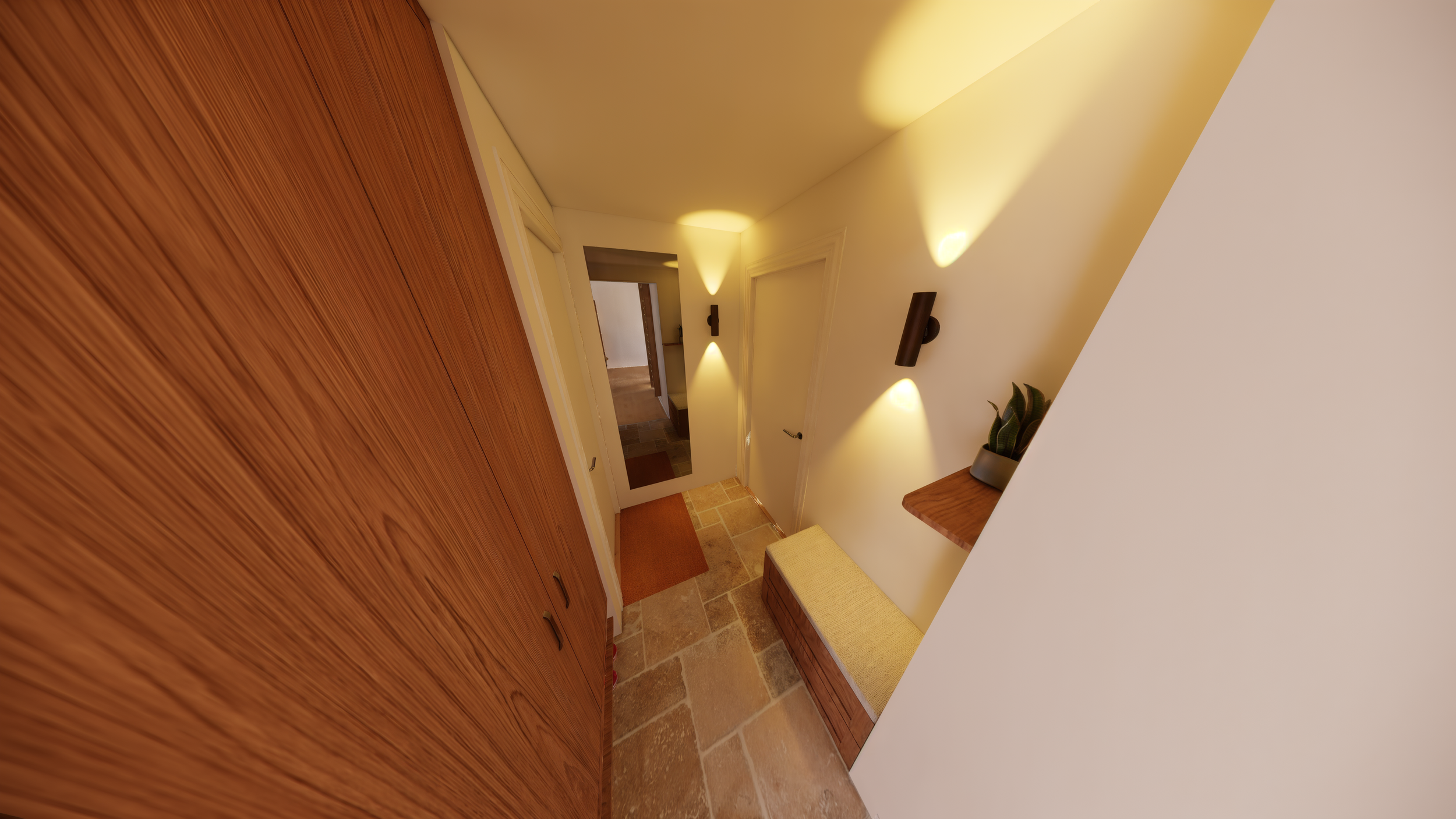 Indoor hallway with wooden closet, white walls, wall-mounted lights, a mirror at the end, a bench with a cushion, and a potted plant on a wooden shelf.