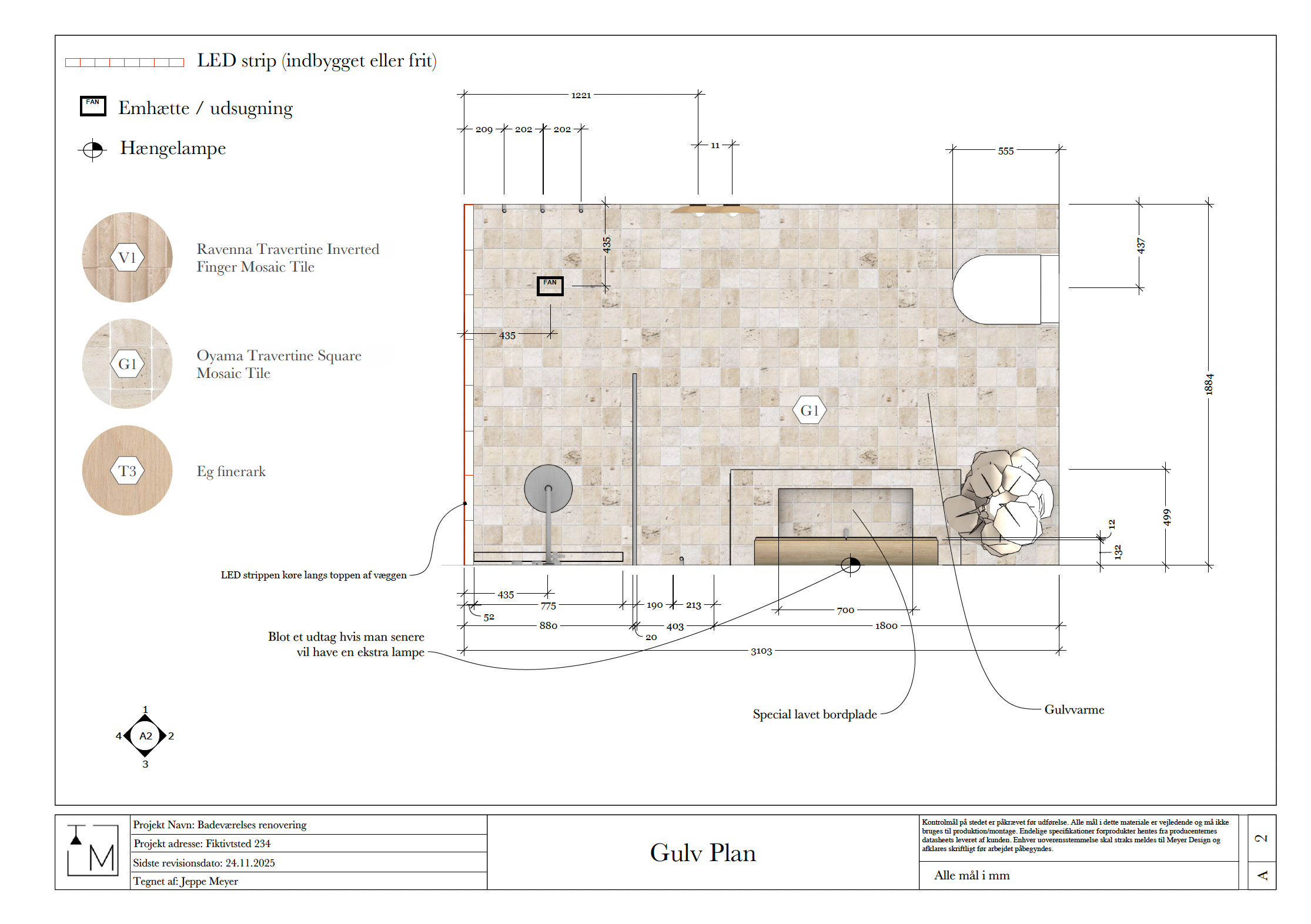 A detailed technical floor plan for a bathroom renovation, showing tile layouts, lighting, and fixtures, with measurements and labels in Danish.