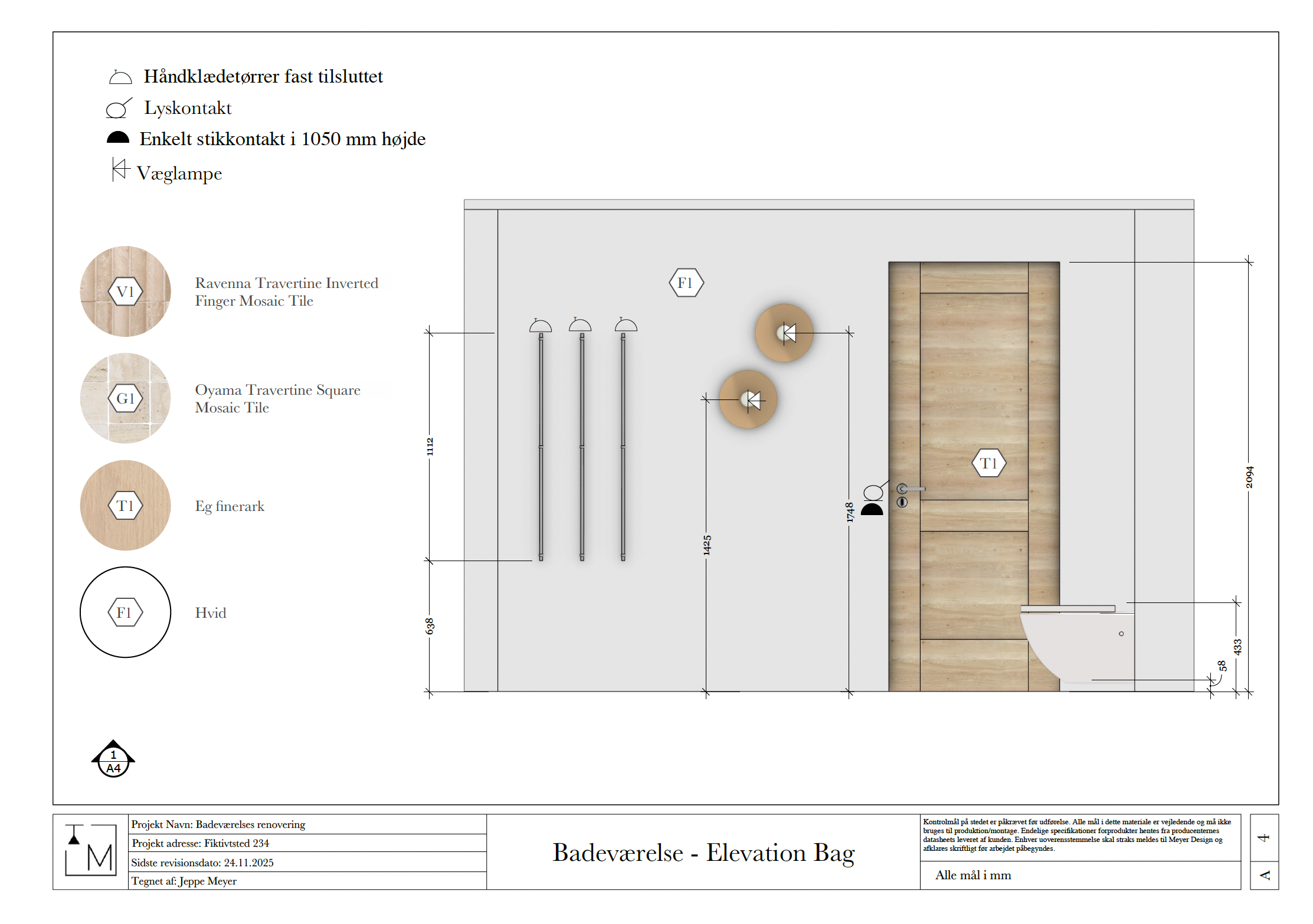Architectural plan of a bathroom elevation with measurements, including wood flooring, bathroom fixtures, wall lights, and mosaic tile design.