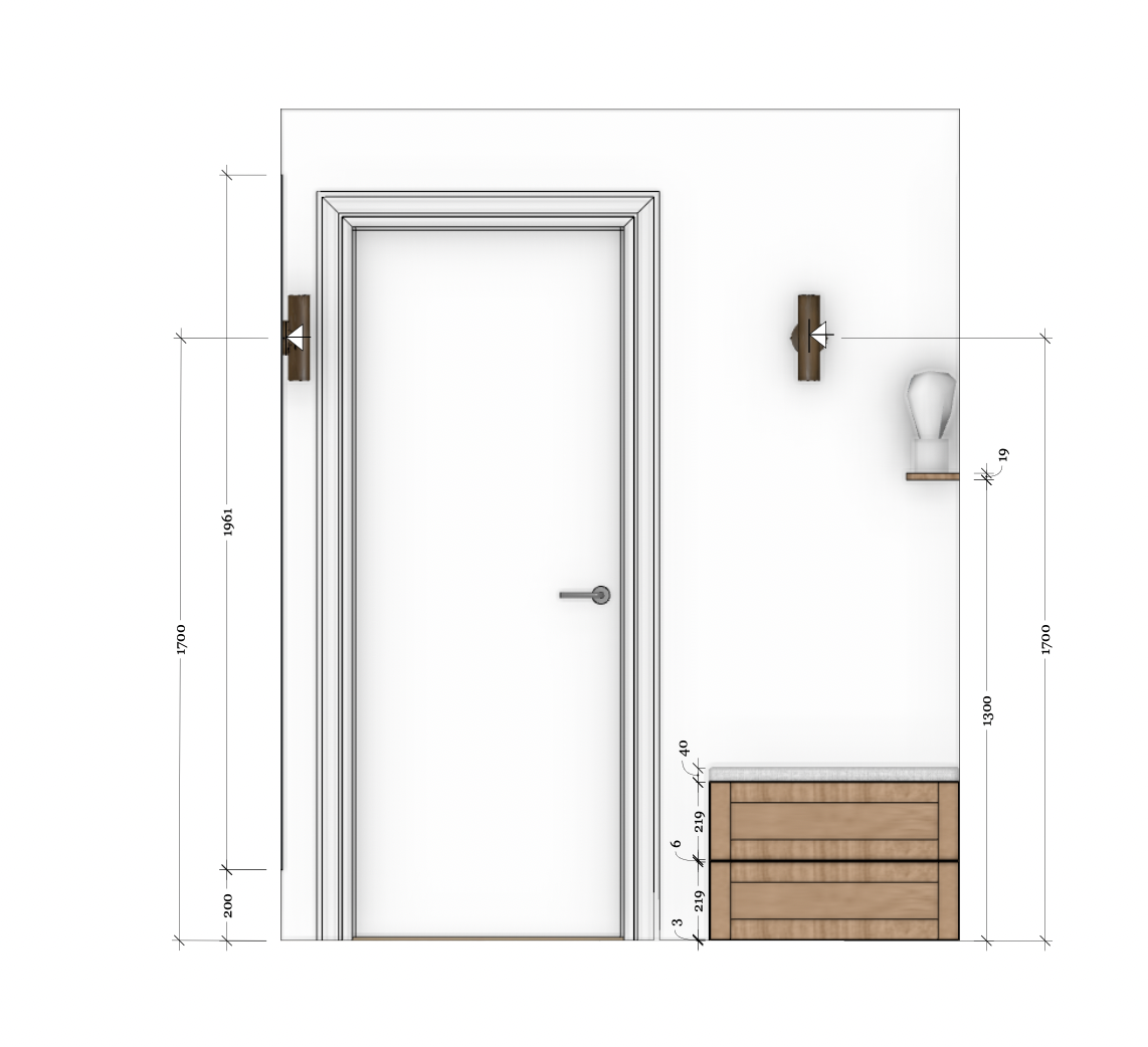 Architectural drawing of an interior room with a door, wall-mounted lights, a wall-mounted light fixture, and a wooden cabinet.