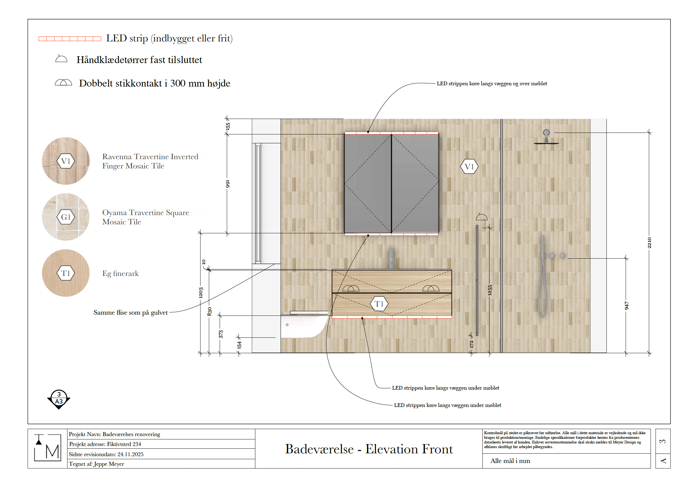 Bathroom renovation floor plan showing layout with wooden tiles, a bathtub, soap holder, sink, and shower area. Includes measurements and details for LED strips, mosaic tiles, and color samples.