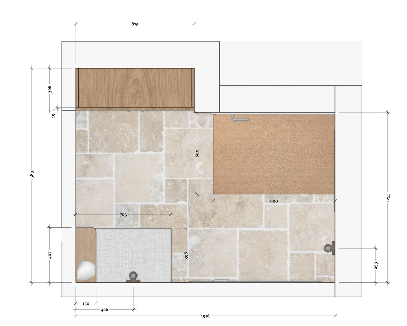 Architectural floor plan with rooms, measurements, and material textures.