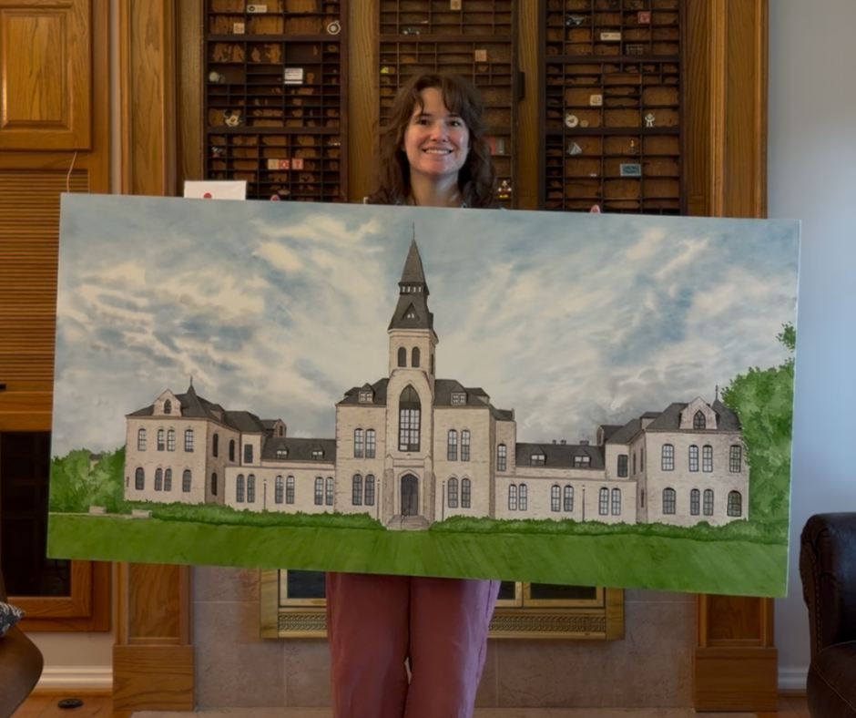 30x60 watercolor painting of Anderson Hall