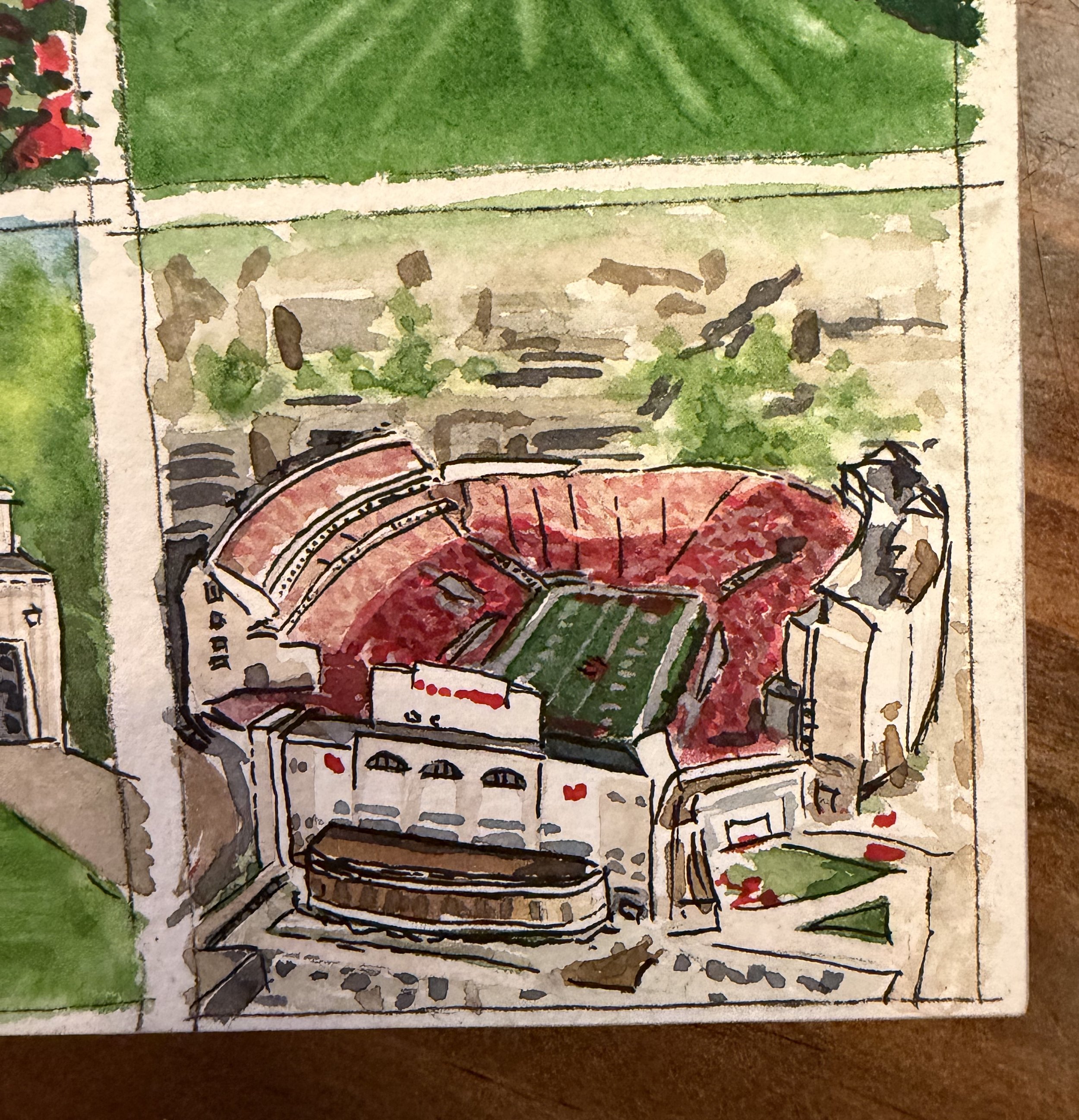 2.2x2.2 watercolor painting of Memorial Stadium at University of Nebraska Kearney