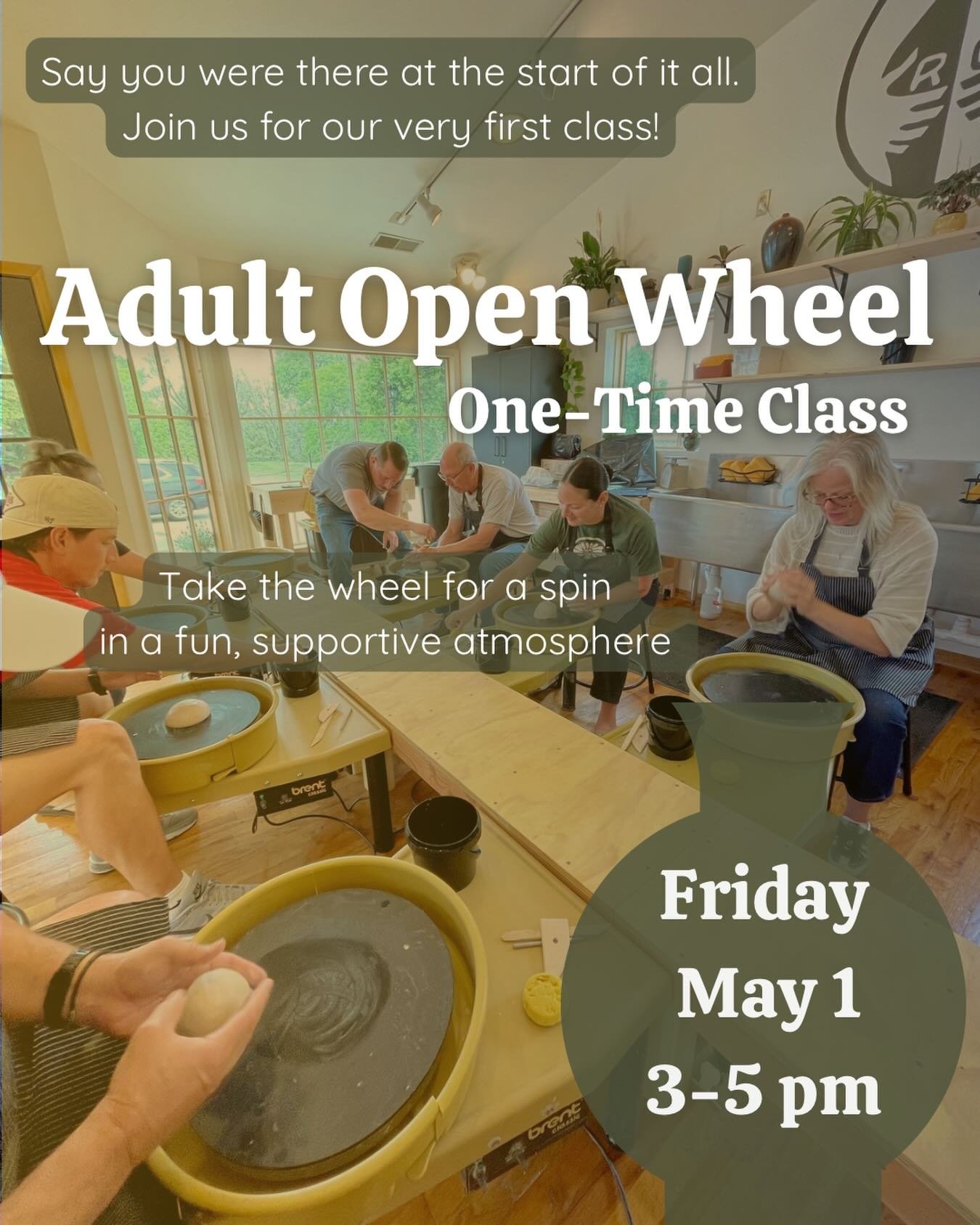 Adult Open Wheel is perfect for first-timers or anyone who wants to throw down! 
Join us on First Friday for our first official class!
Helpful instruction, clay, tools, firing and glazing of your piece are all included! 
Link to sign-ups is in our bi