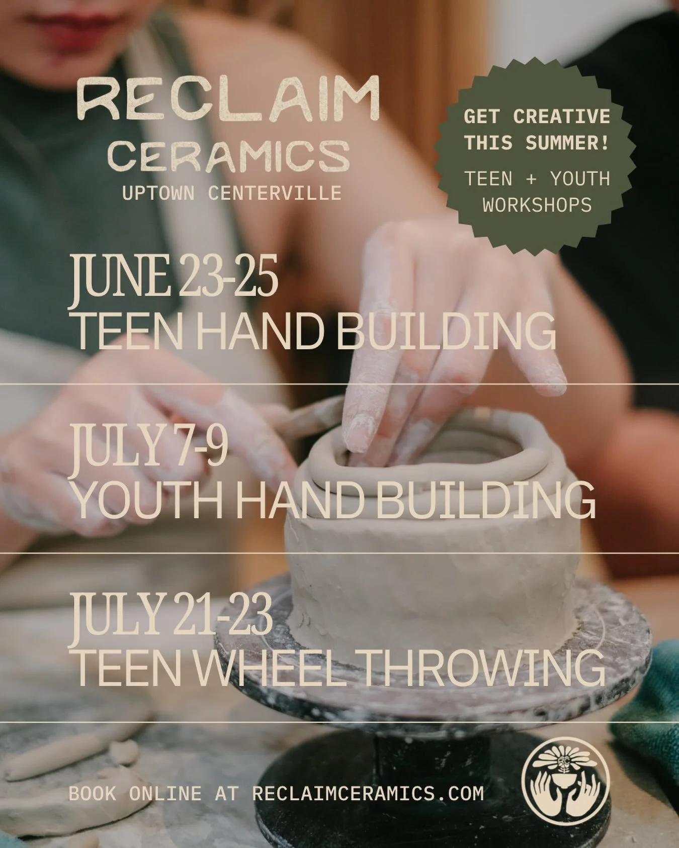 Come have fun with us in the studio this summer! New specialty work shops for youth (ages 10-13) and teens (ages 14-17). All taught by seasoned art teachers and Reclaim&rsquo;s owners, Britt and Mollie.
For more info or to sign up, please visit our w