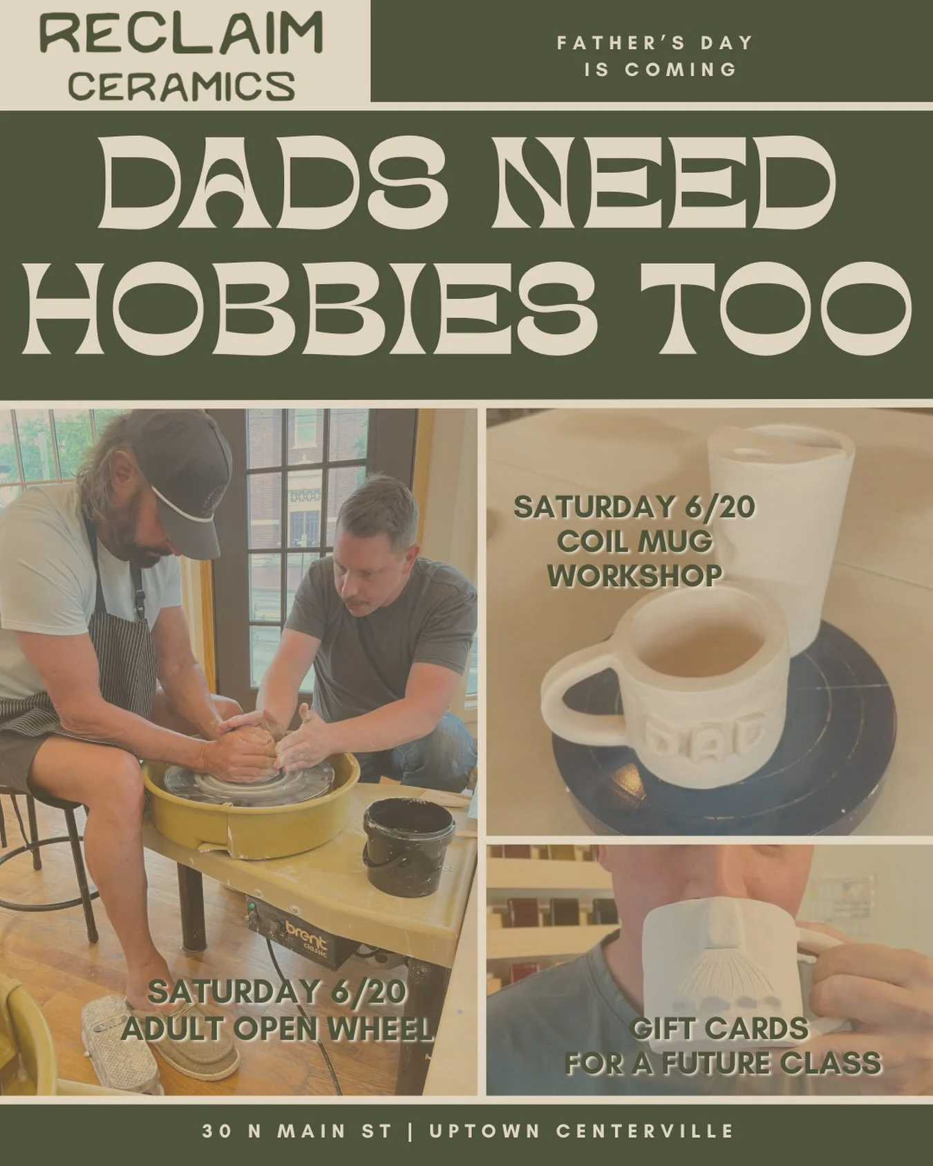 Father&rsquo;s Day Saturday at Reclaim is gonna be POPpin&rsquo;!
Don&rsquo;t forget to nurture Dad&rsquo;s creative side. 
Check out our website for more info and class calendar.

#pottery 
#ceramics 
#dad 
#centervilleoh