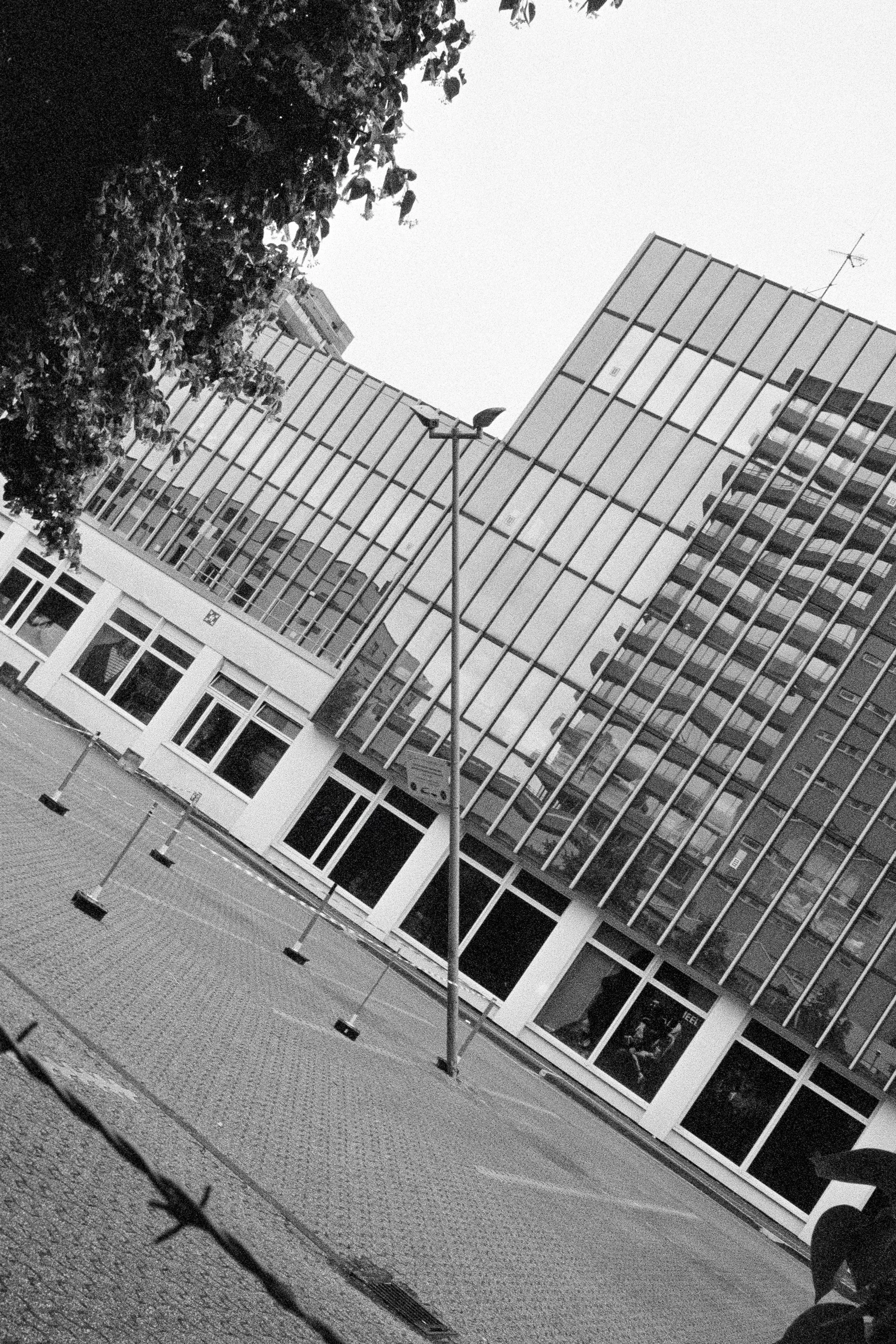 Verbogener Straßenlaternenmast vor modernen Bürogebäuden im urbanen Bereich, Schwarz-Weiß-Fotografie.