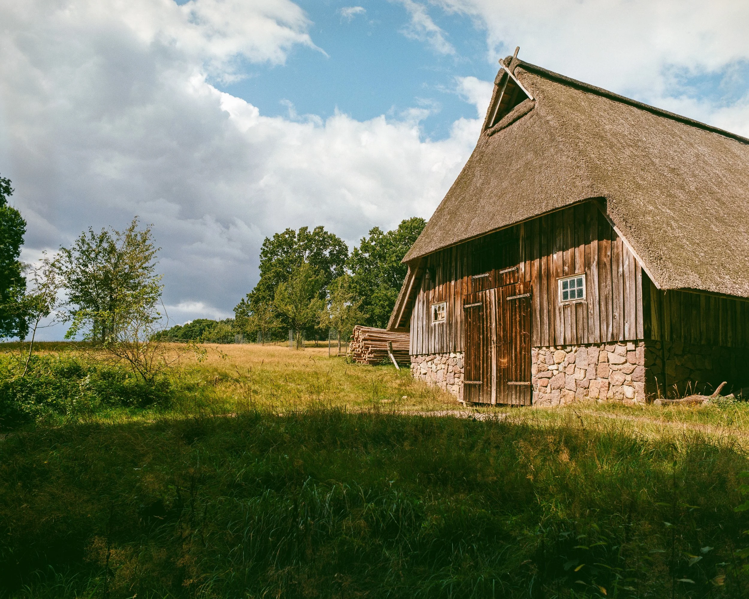 Ein ländliches Holzhaus mit Strohdach auf einer grünen Wiese, umgeben von Bäumen unter einem bewölkten Himmel.