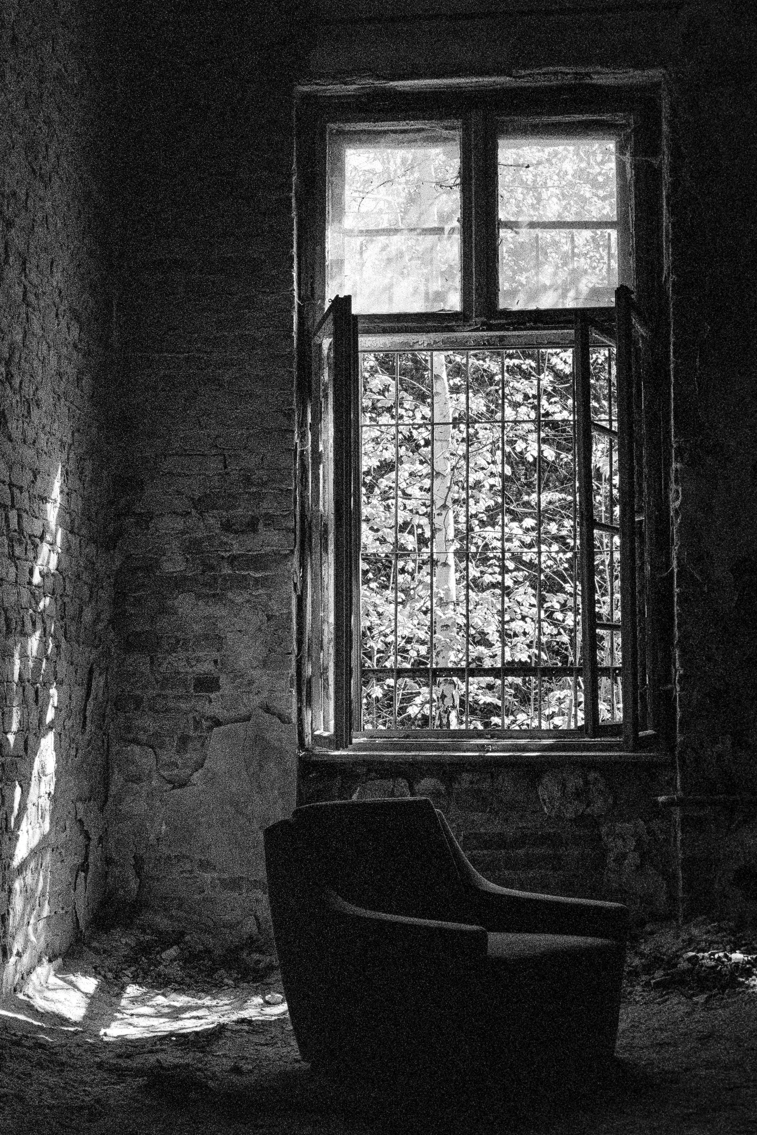 Ein verfallener Raum mit einer offenen Fensterfront, durch die Bäume zu sehen sind. Im Raum steht ein alter, dunkler Sessel auf einem schmutzigen Boden.