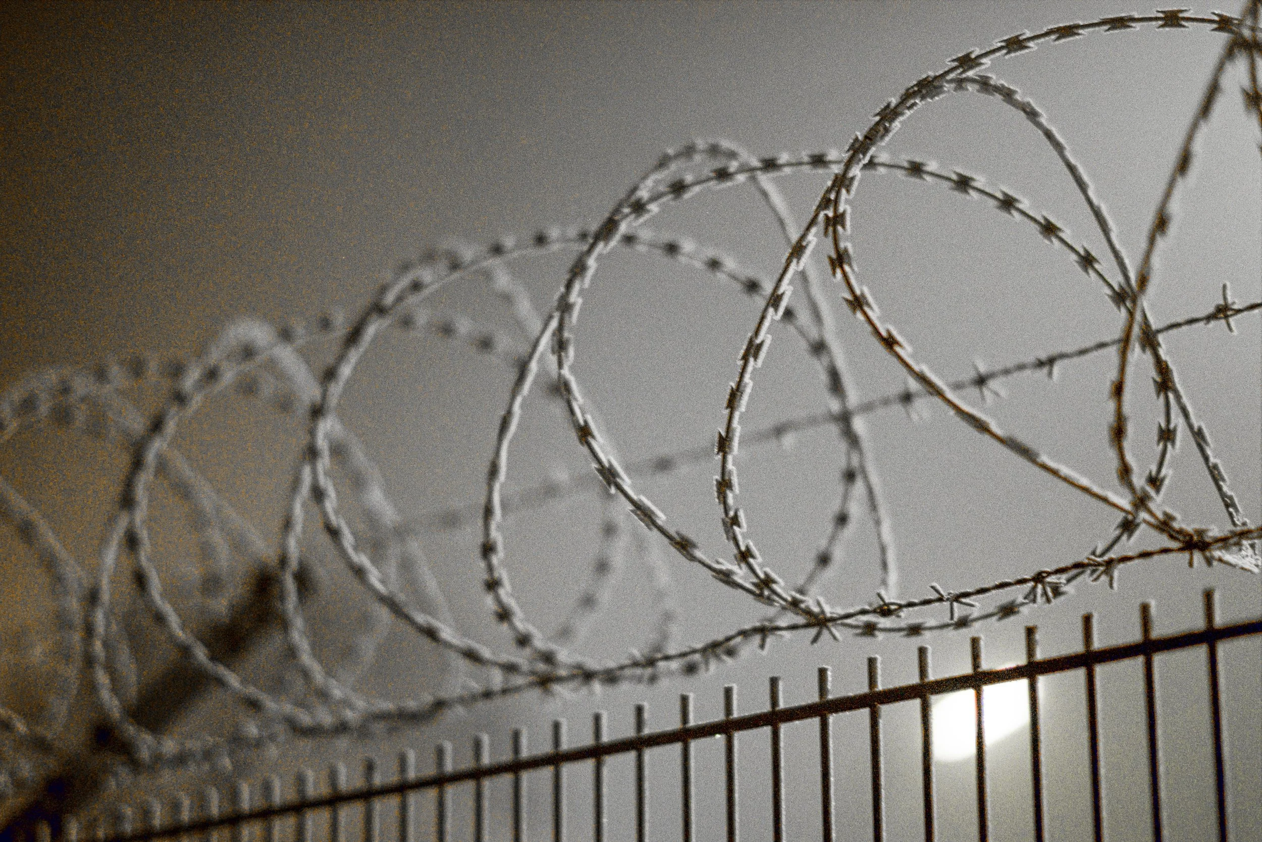 Drahtzaun mit Dornen und Stacheldraht, bei Nacht, beleuchtet, unscharf