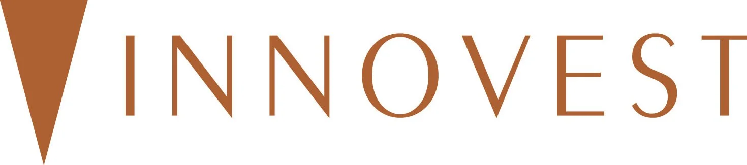 Logo with the word 'INNOVEST' in brown uppercase letters, with an abstract brown arrow pointing downward to the left of the text.