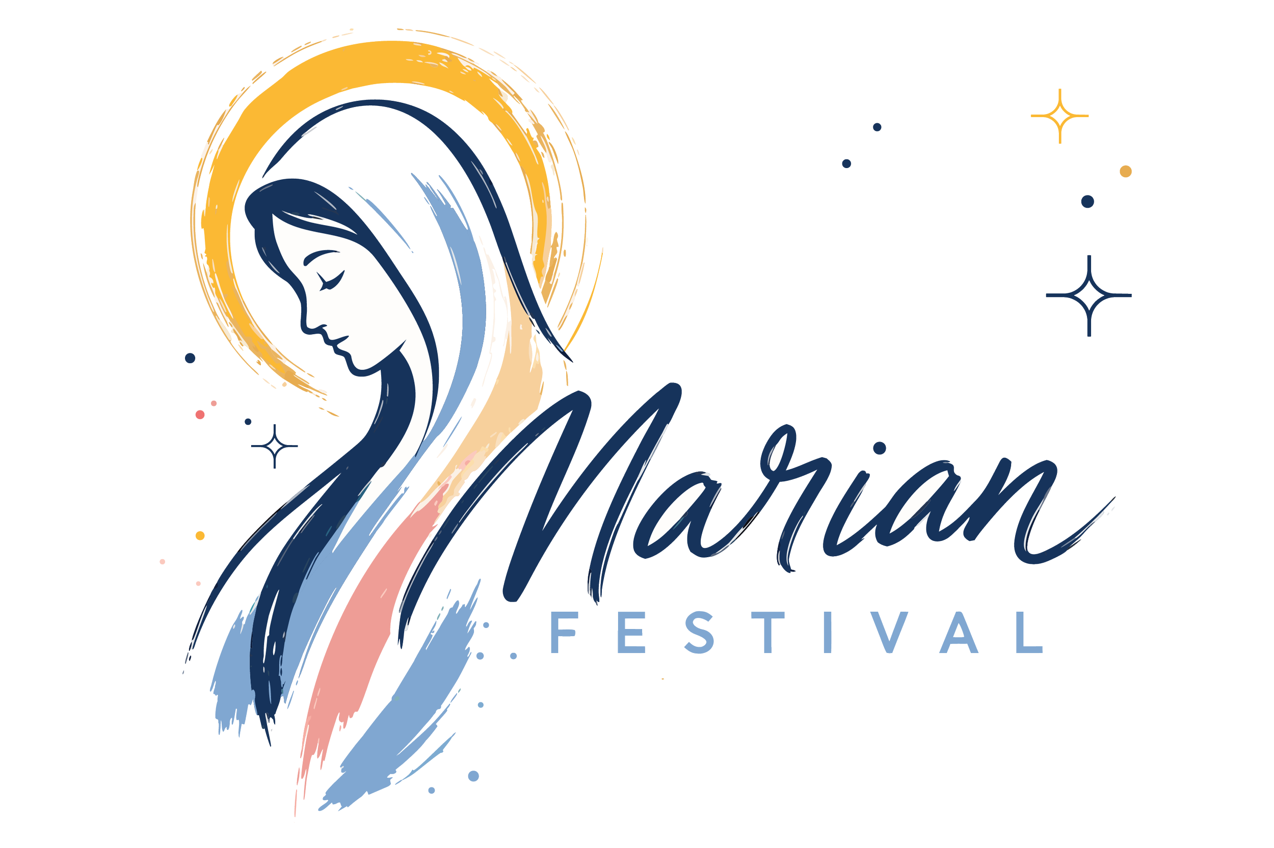 Stylized illustration of the Virgin Mary with a halo, the words 'Mary Divine' written in decorative fonts, and a white and pastel-colored background with sparkles.