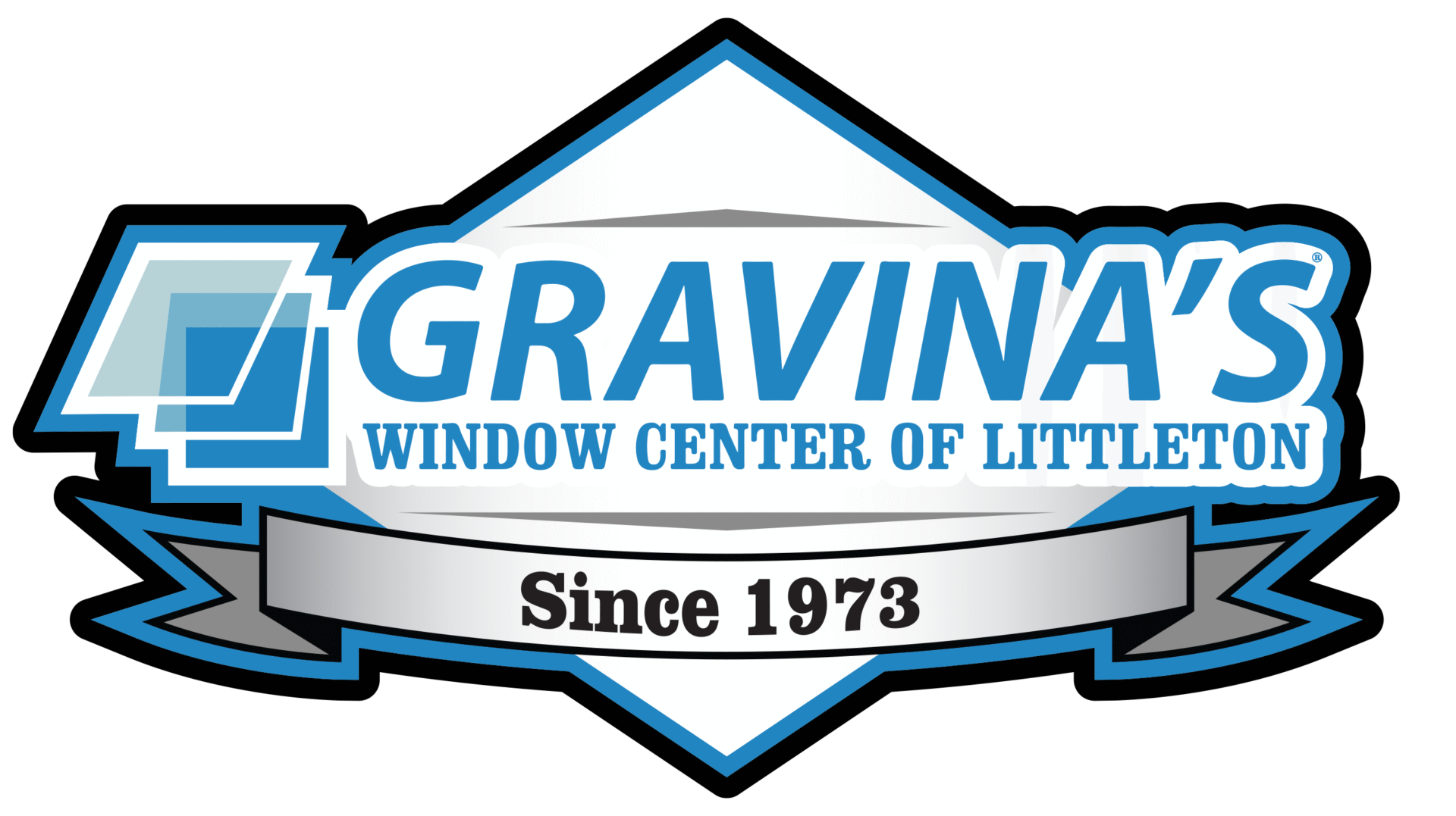 Logo for Gravina's Window Center of Littleton, established in 1973, featuring blue and gray design elements.