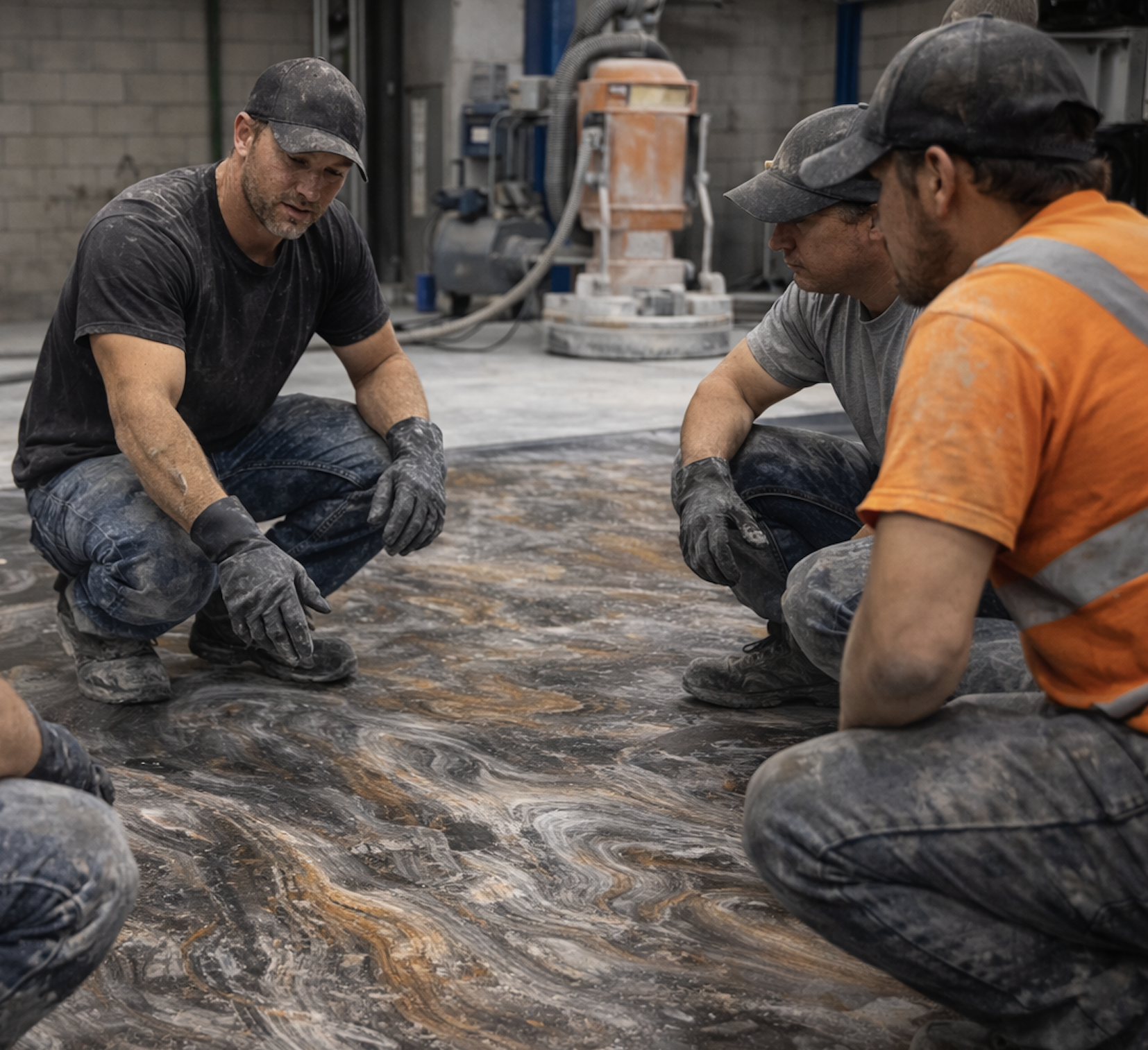 Four workers crouching on the floor of an industrial workshop, examining a large marble epoxy slab with swirling patterns.