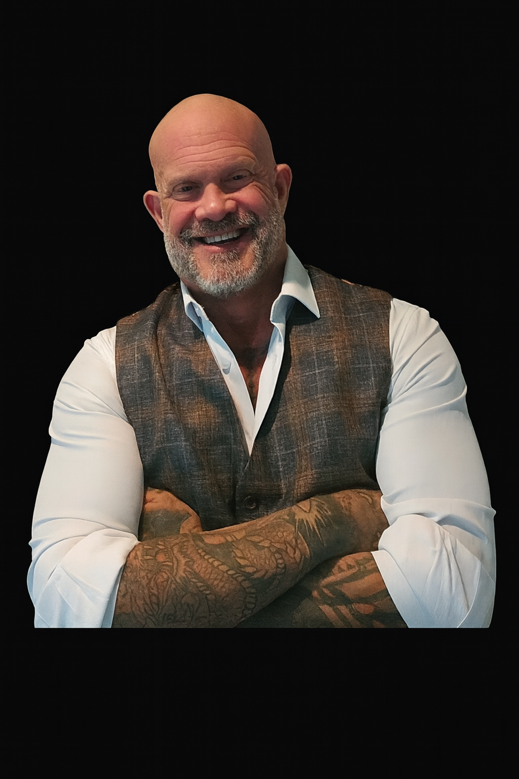 A smiling, bald man with a gray beard, wearing a black short-sleeved shirt, standing against a black background.