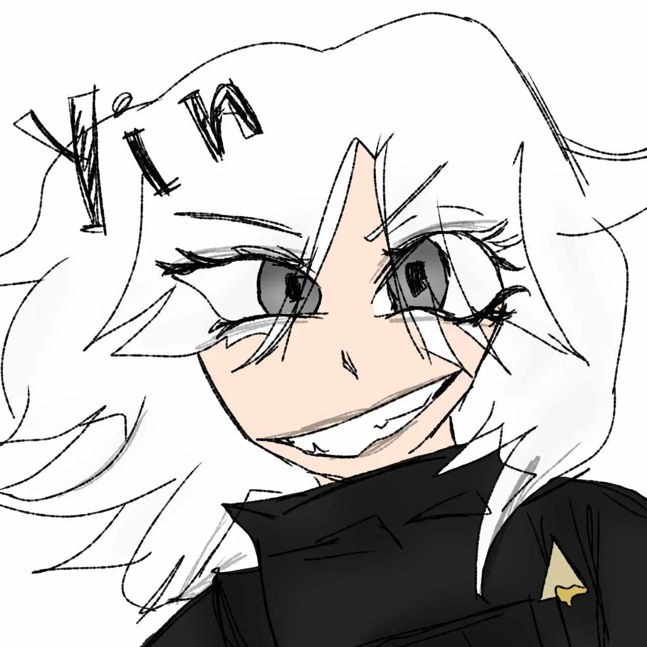 A digital drawing of a smiling girl with big eyes, white hair, and a black outfit.