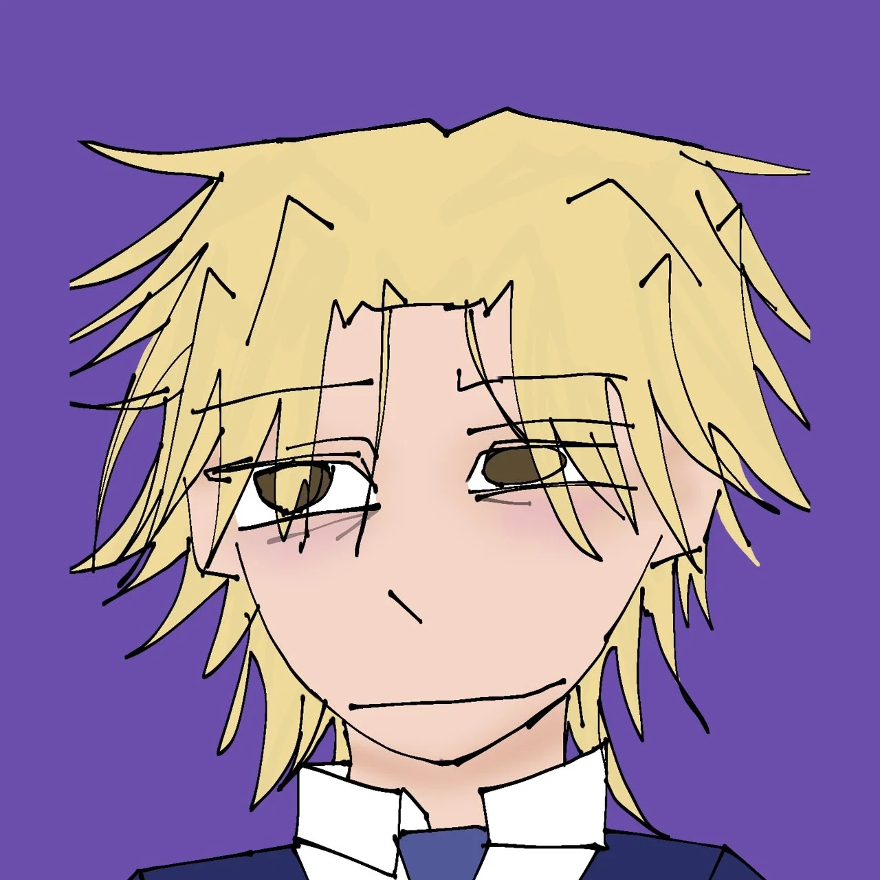 A digital drawing of a young person with messy, blonde hair, a tired or bored expression, and wearing a dark blue outfit with a white collar, against a purple background.