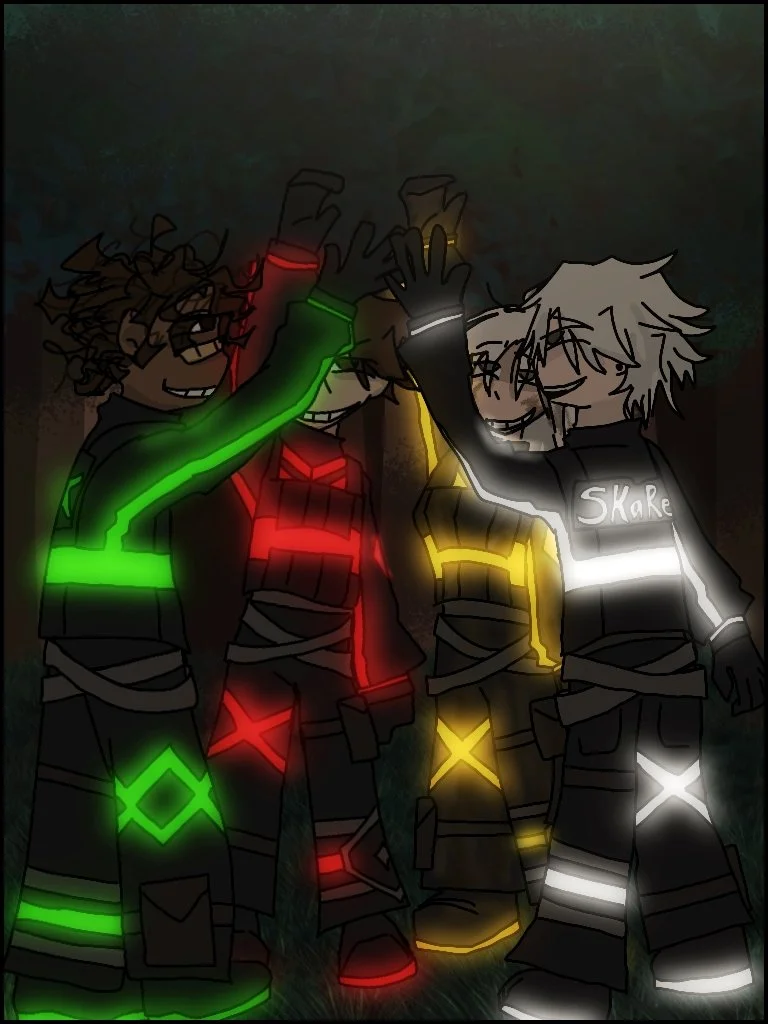 Four characters in firefighter suits giving each other high fives, with neon glow outlines in green, red, yellow, and white, against a dark background.