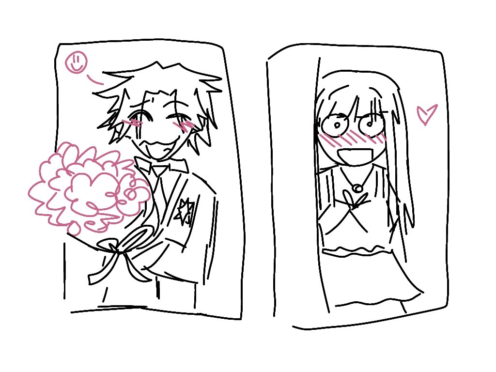 Colorful hand-drawn sketches of two people, a man on the left holding a bouquet of flowers, and a woman on the right with long hair and glasses, both with blushing cheeks and happy expressions.