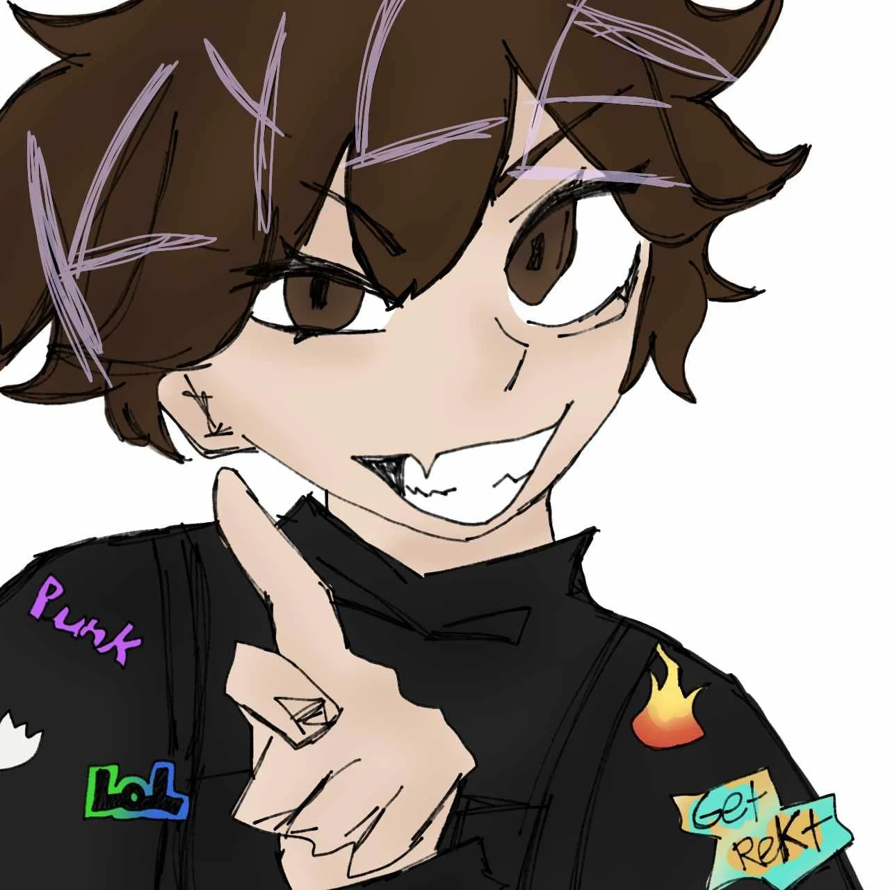 Anime-style drawing of a smiling character with brown messy hair, pointing his finger upward, wearing a black shirt with colorful graffiti-like patches including words like 'Punk', 'LOL', and 'Get Rektd', and patches with a flame and a skull.