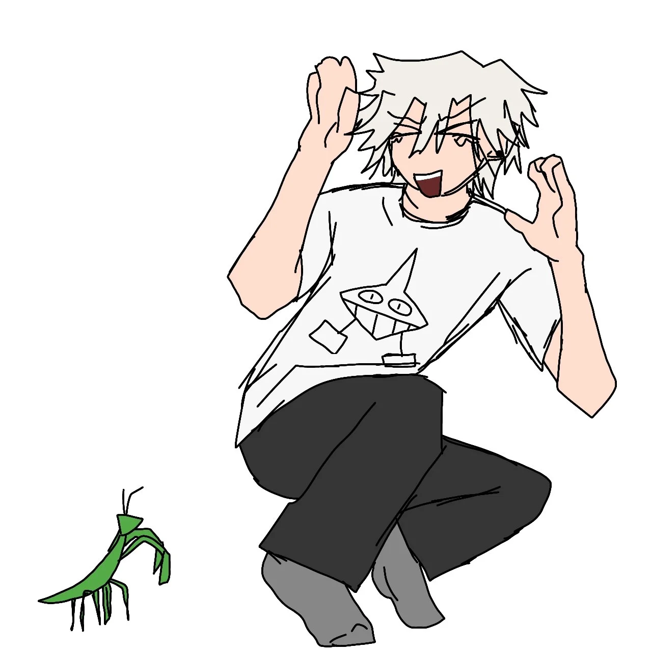 A person with spiky hair wearing a T-shirt with a cartoon character on it, crouching and smiling with their hands near their head, next to a green praying mantis.