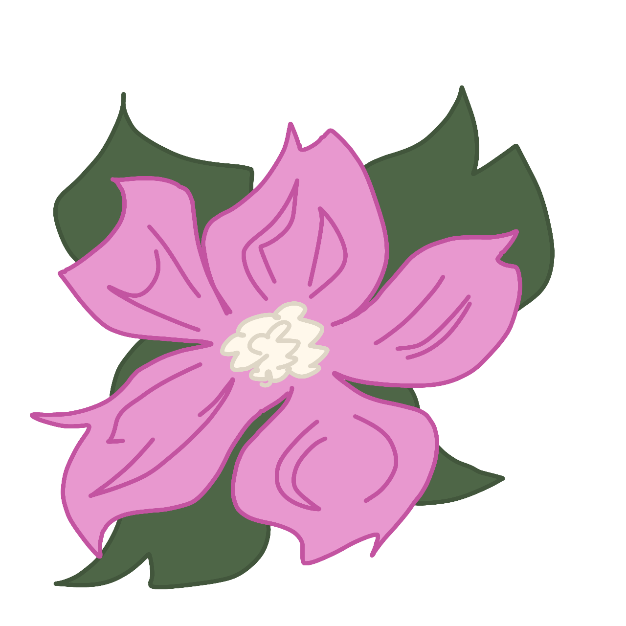 A digital drawing of a light purple flower with dark purple vein-like lines on the petals, with a white center, surrounded by dark green leaves.