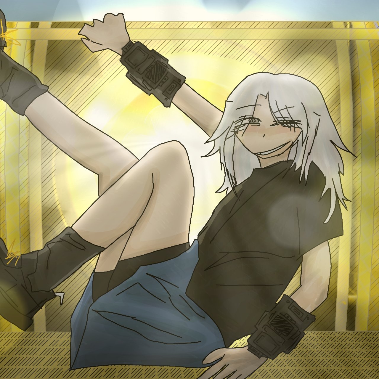 A smiling anime-style character with long silver hair, wearing a black t-shirt, shorts, and black boots, sitting inside a yellow structure with a glowing background.