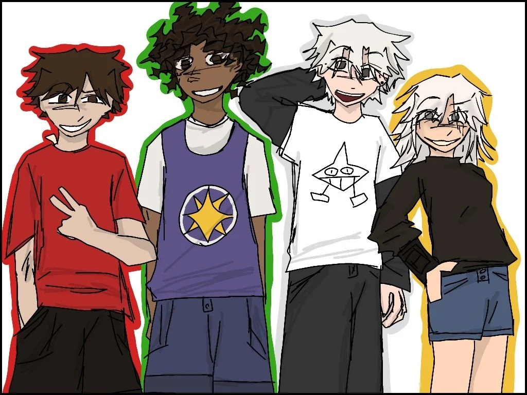 Four animated characters smiling and standing together, each outlined with different bright colors: red, green, yellow, and black.