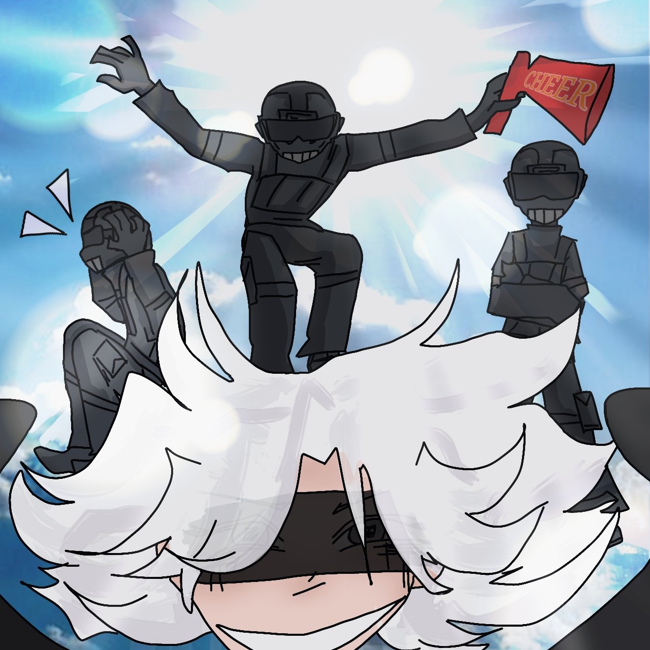 A cartoon illustration of three soldiers in black tactical gear and helmets in the sky, with one of them holding a red flag that says 'CHEER'. The soldiers are standing on what appears to be a large white animal, possibly a sheep with fluffy wool. Th