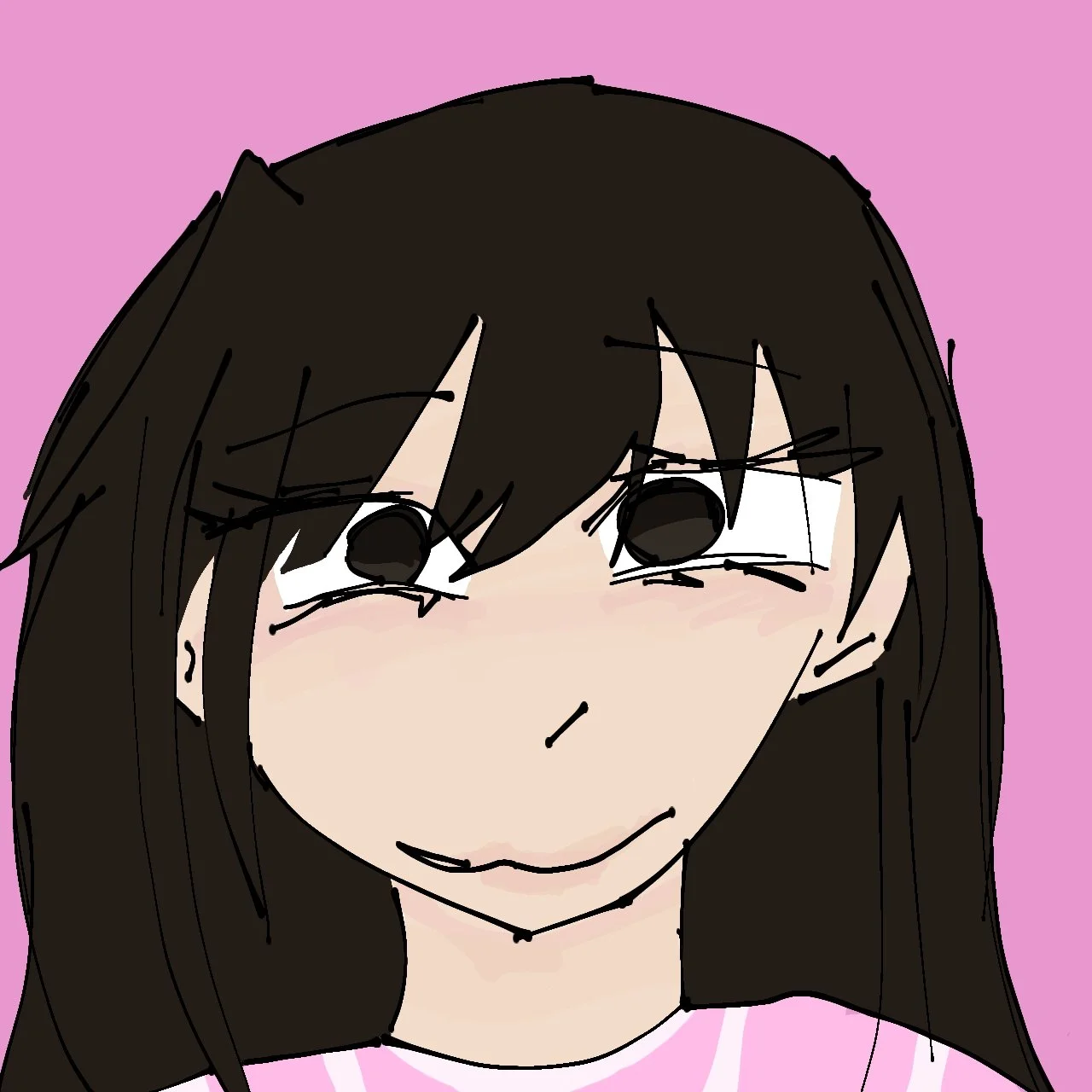 Drawing of a girl with long dark hair, smiling gently, blushing cheeks, wearing a pink shirt, against a pink background.