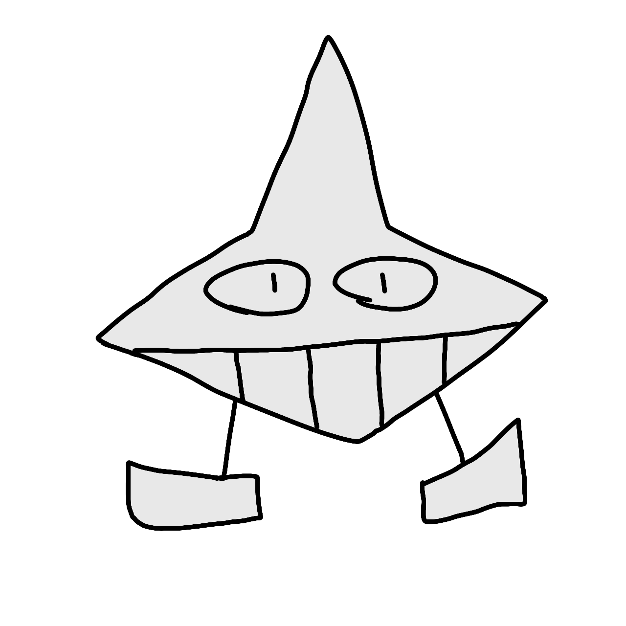 Black and white drawing of a cartoonish character with a triangular head, large eyes, and a big, toothy grin.