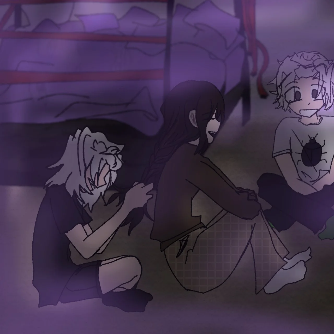 picture of yin, kali and krow in camp sitting by fire, yin braiding kalis hair
