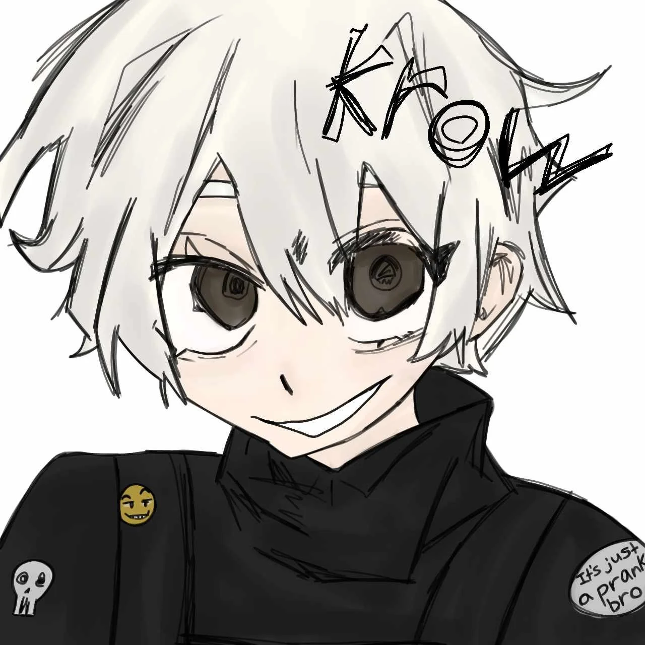 A digital drawing of a young character with spiky, light-colored hair, large eyes, and a mischievous smile. The character is wearing a black hoodie with various small emoji pins, including a skull, a smiling face, and a speech bubble that says "It's 