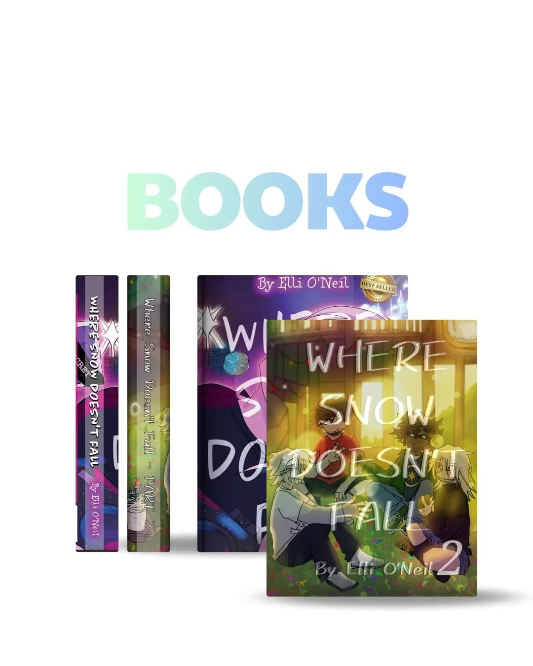 Cover image of books titled 'Where Snow Doesn't Fall' by Elli O'Neil, with multiple copies of the book in different sizes and a background with the word 'BOOKS' in large pastel letters.