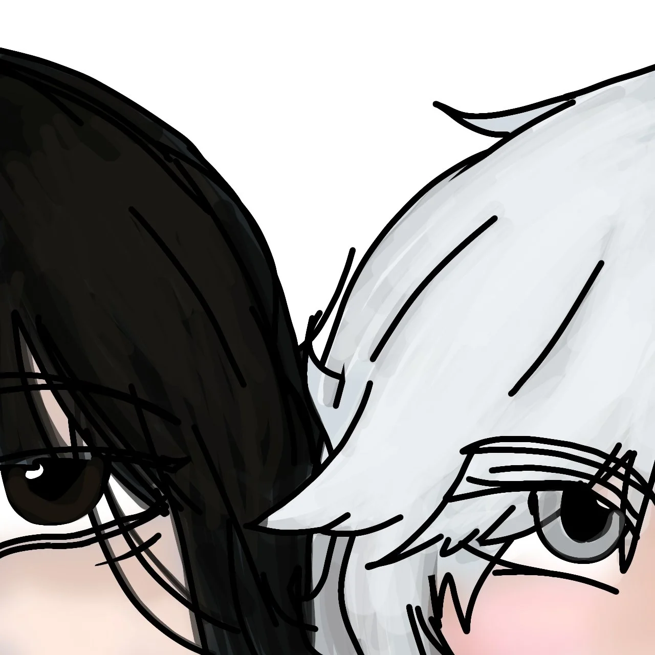 Close-up illustration of two anime-style eyes, one with black hair and the other with white hair, and part of their faces visible.