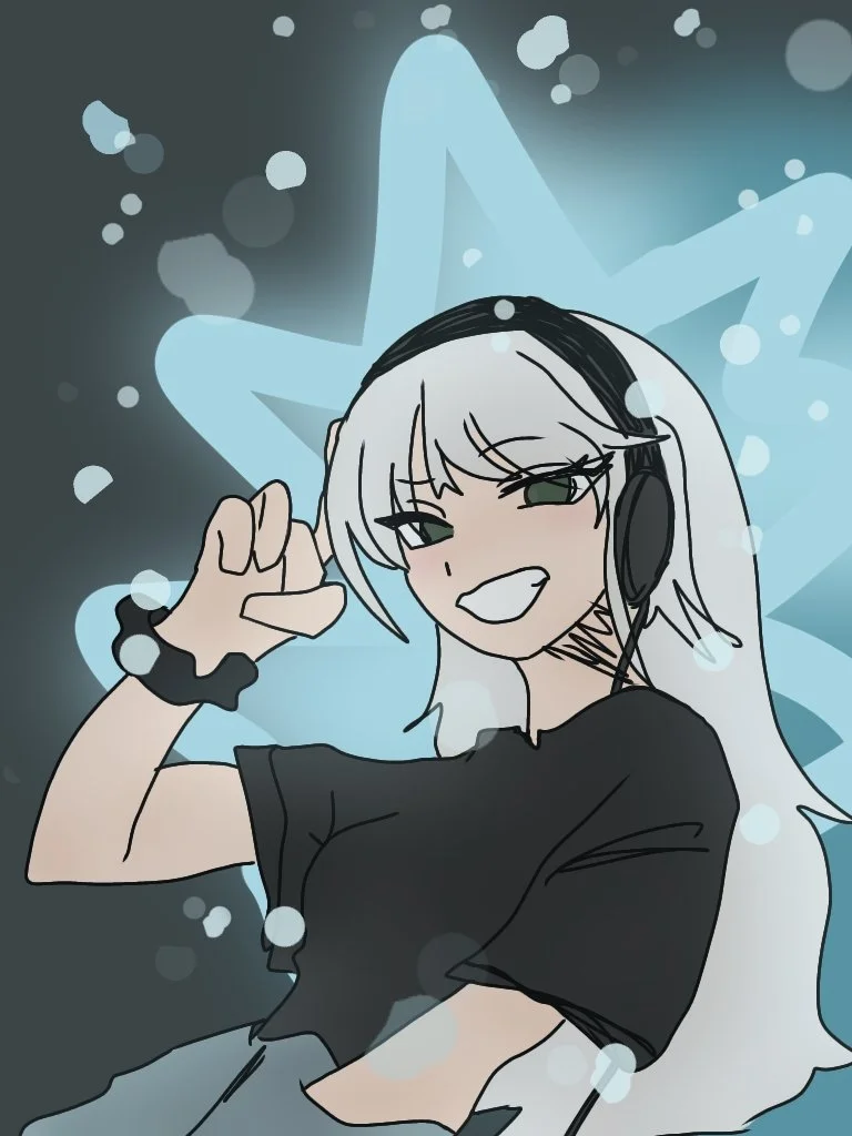 picture of yin, fanart, girl with white hair in black shirt with blue and neon star background