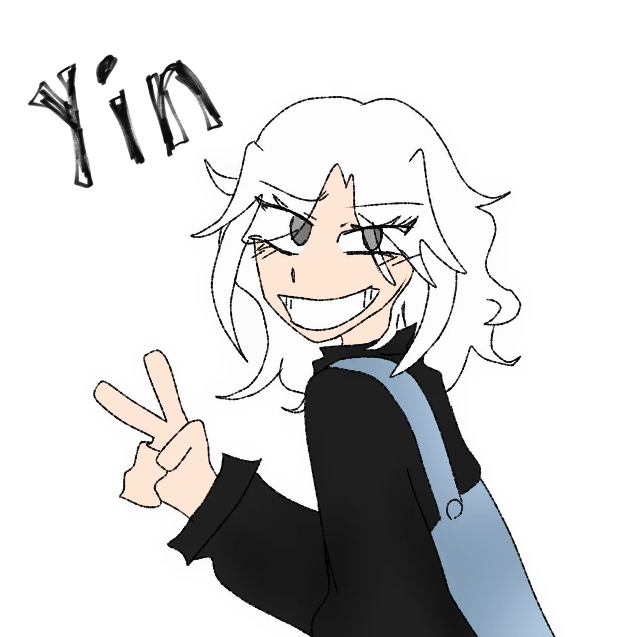 A cheerful anime-style character with long, messy white hair, making a peace sign with their right hand, wearing a black jacket and a blue bag, smiling widely with sharp teeth, and the word 'Yip!' written above their head.